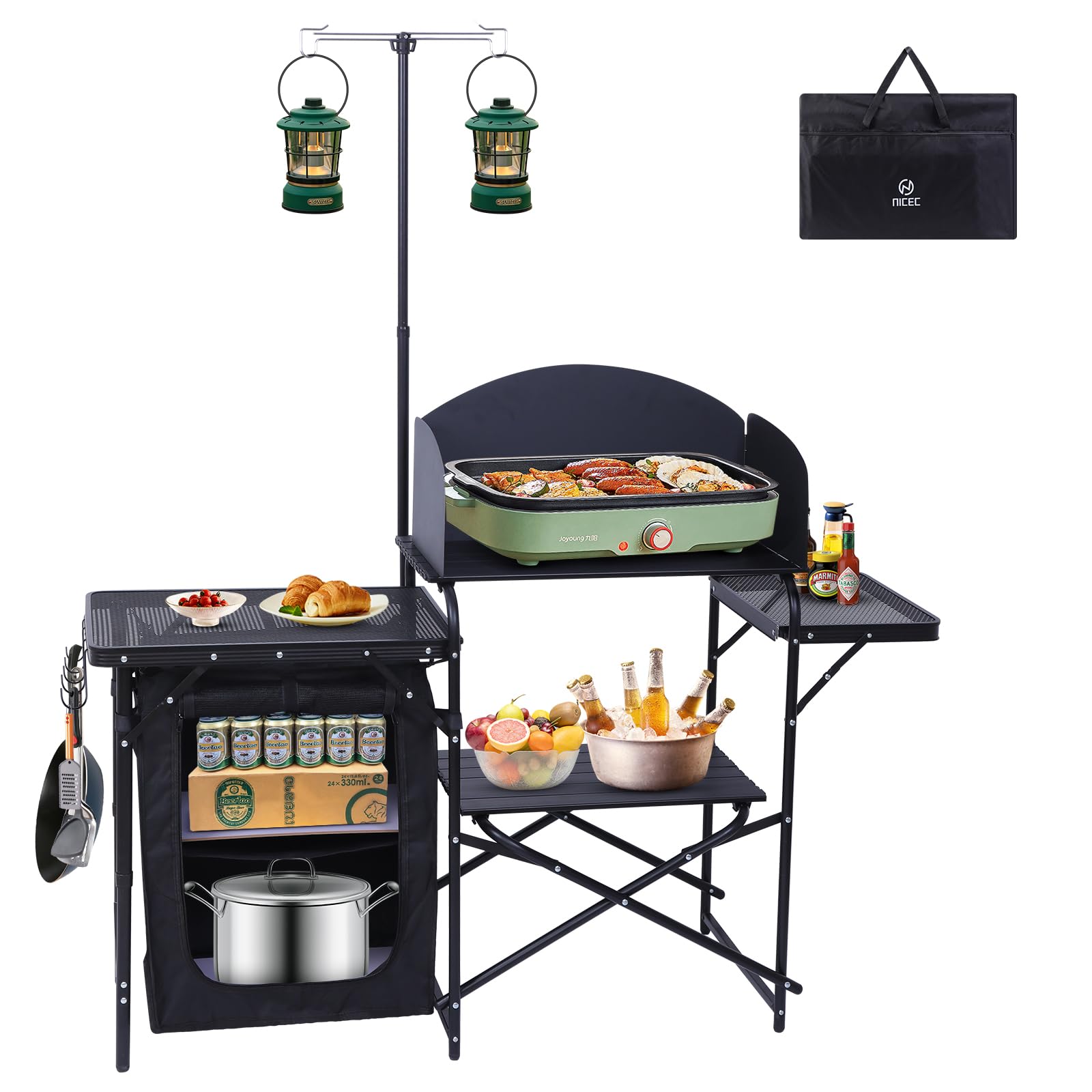 Nice C Camping Kitchen Station, Folding Table & Organizers, Upgrade Light Stand and Windshield Cooking Station, Carry Bag for Be