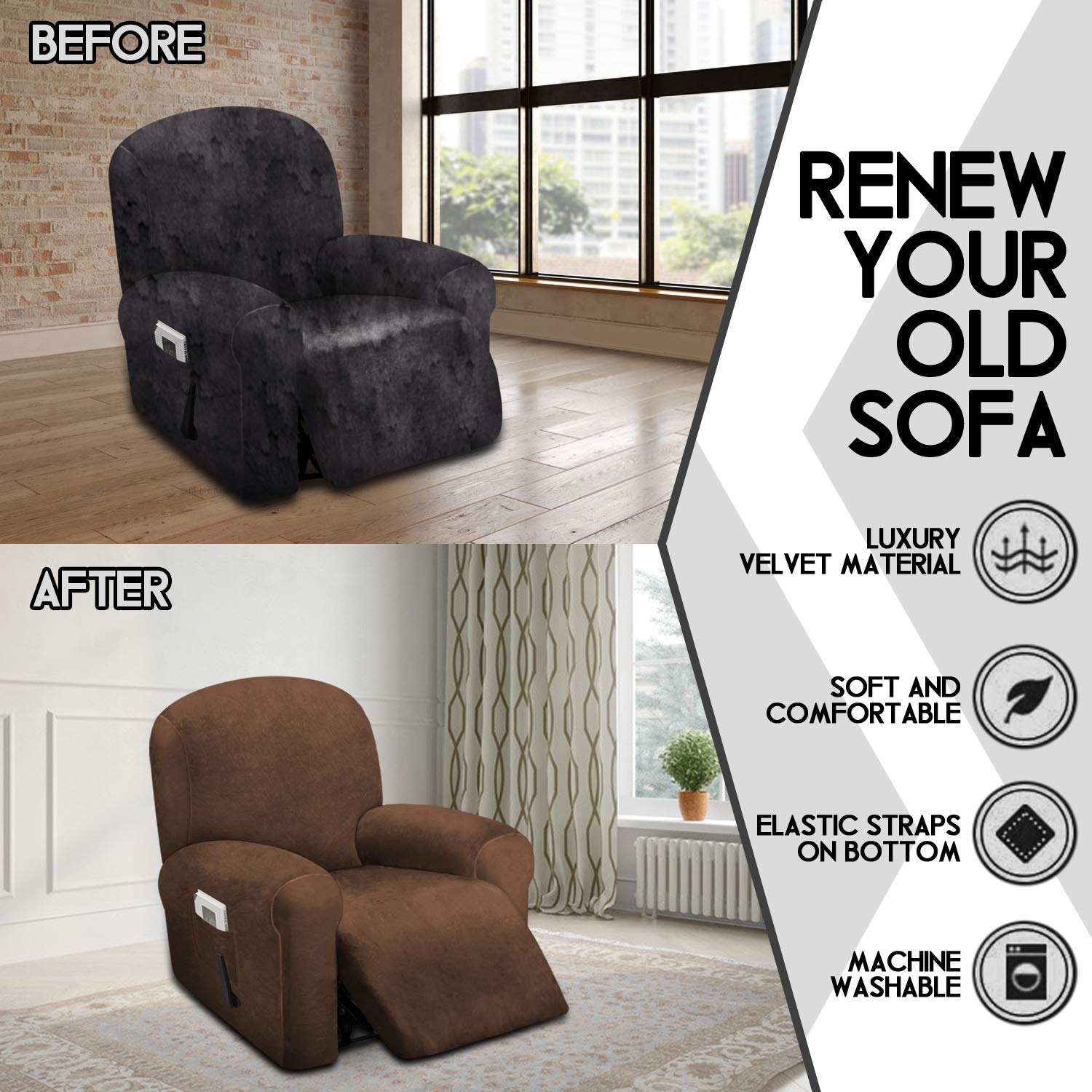Ulticor 4-Piece, 1 Seat Recliner Cover, Velvet Stretch Reclining Chair Covers For 1 Cushion Reclining Sofa, Single Seat Recliner Couch Cover, Thick, Very Soft, Machine Washable (Chocolate)
