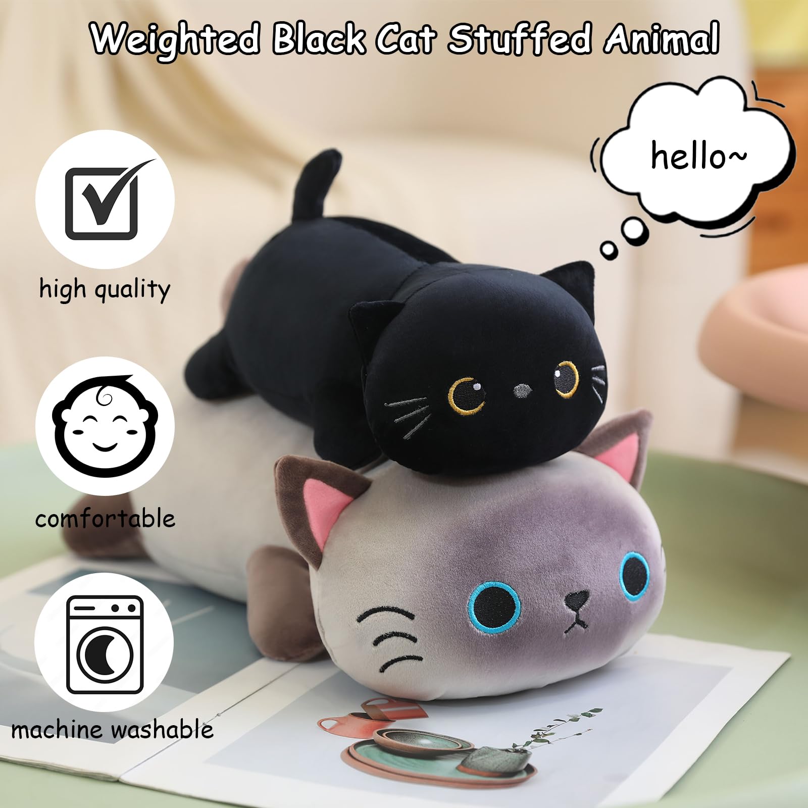 Sqeqe Weighted Black Cat Plush, Weighted Black Cat Stuffed Animal For Anxiety, Cute Black Cat Plushies Soft Black Cat Pillow Toy