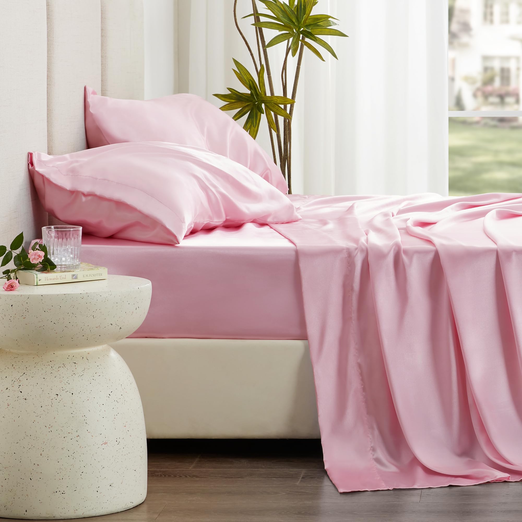 Love'S Cabin 4Piece California King Satin Bed Linen Set, Pink Silky Satin Sheets, Deep Pocket, Luxury Silk Feel, 1 Flat, 1 Fitted Sheet, 2 Pillow Cases