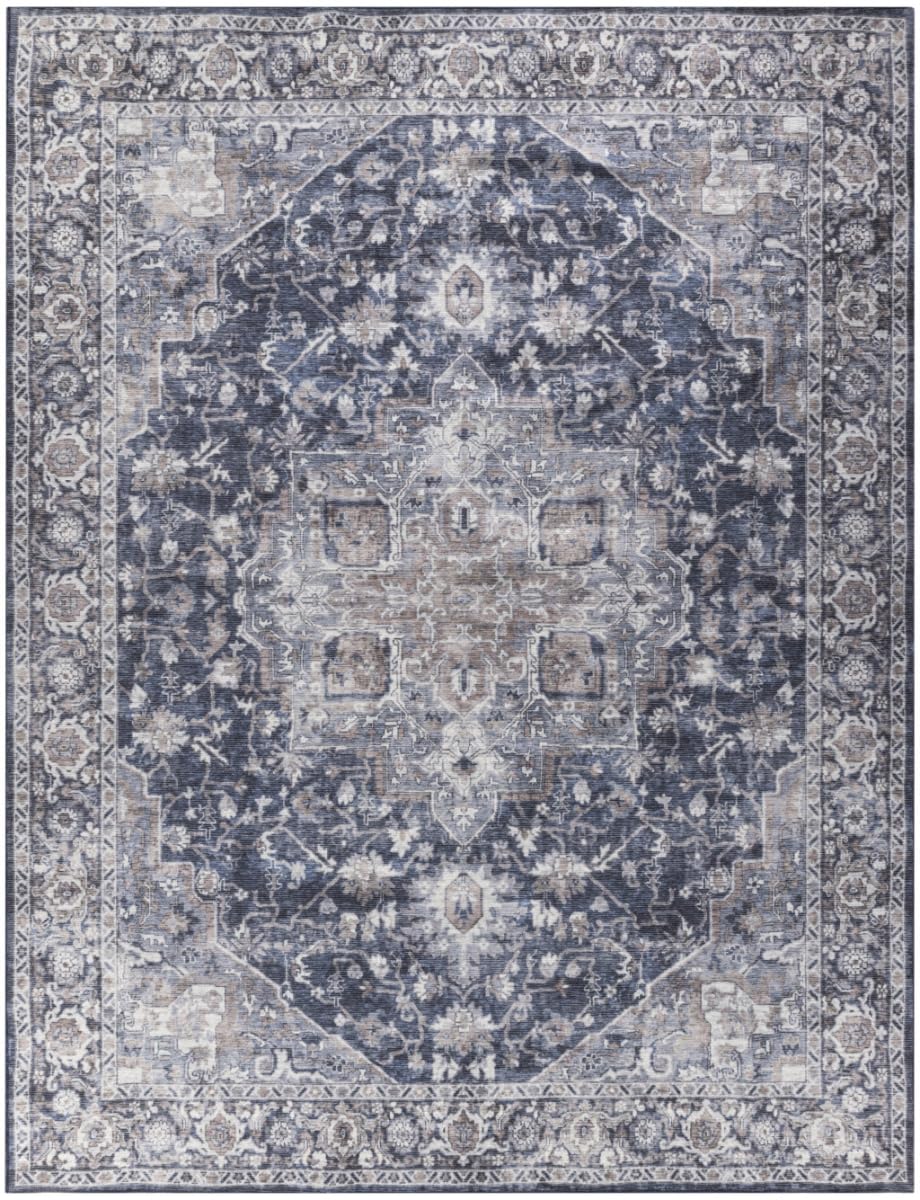 HomeRoots 533129 9 x 12 ft. Blue & Ivory Floral Power Loom Distressed Washable Rectangle Area Rug