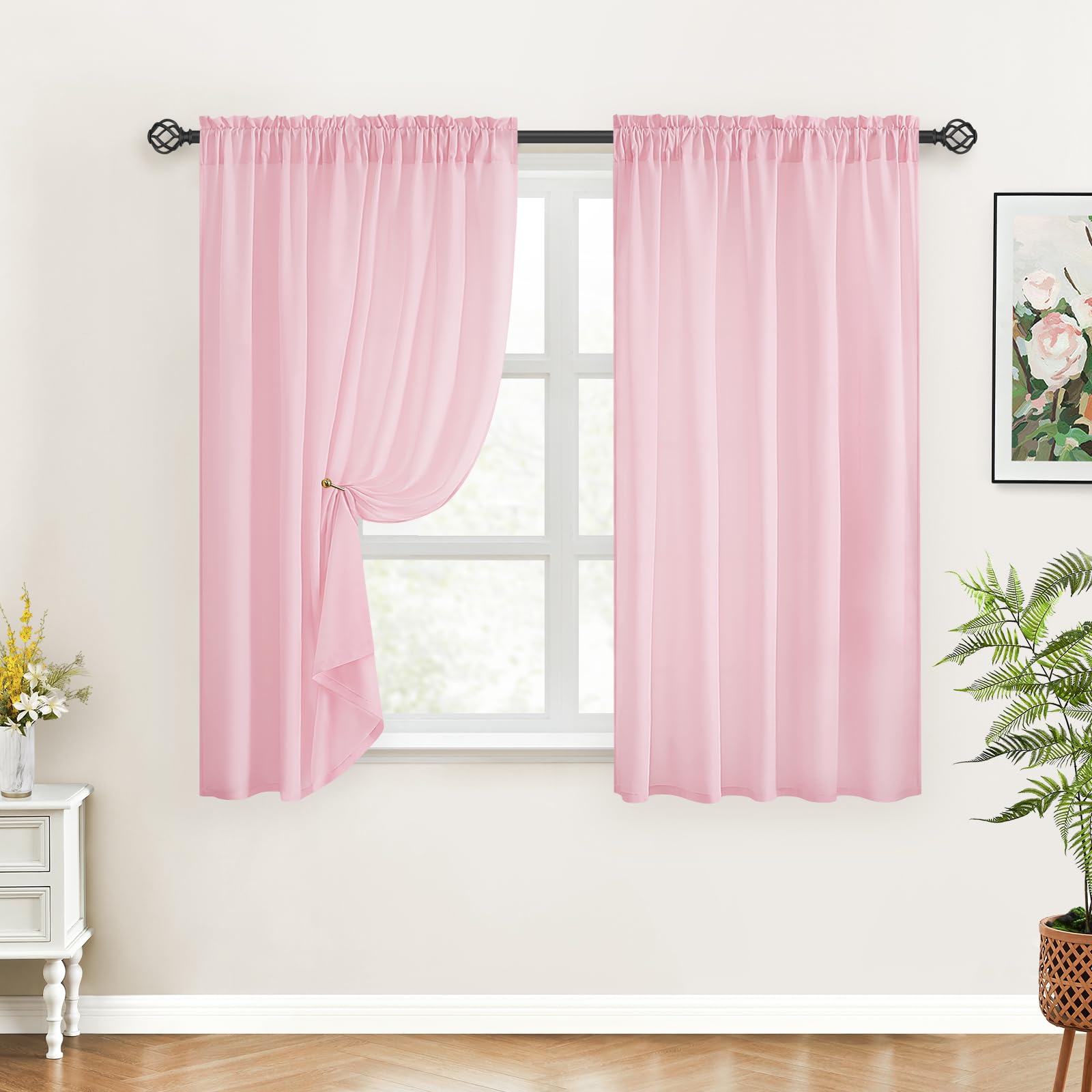 Homeideas Non-See-Through Light Pink Privacy Sheer Curtains 52 X 45 Inches Long 2 Panels Sheer Curtains Light Filtering Window Curtains Drapes For Bedroom Living Room