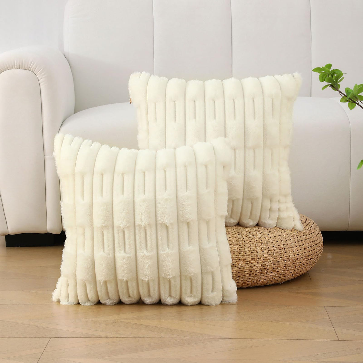 Futei Cream White Striped Decorative Throw Pillow Covers 18X18 Inch Set Of 2,Square Cushion Case,Soft Faux Rabbit Fur & Velvet B