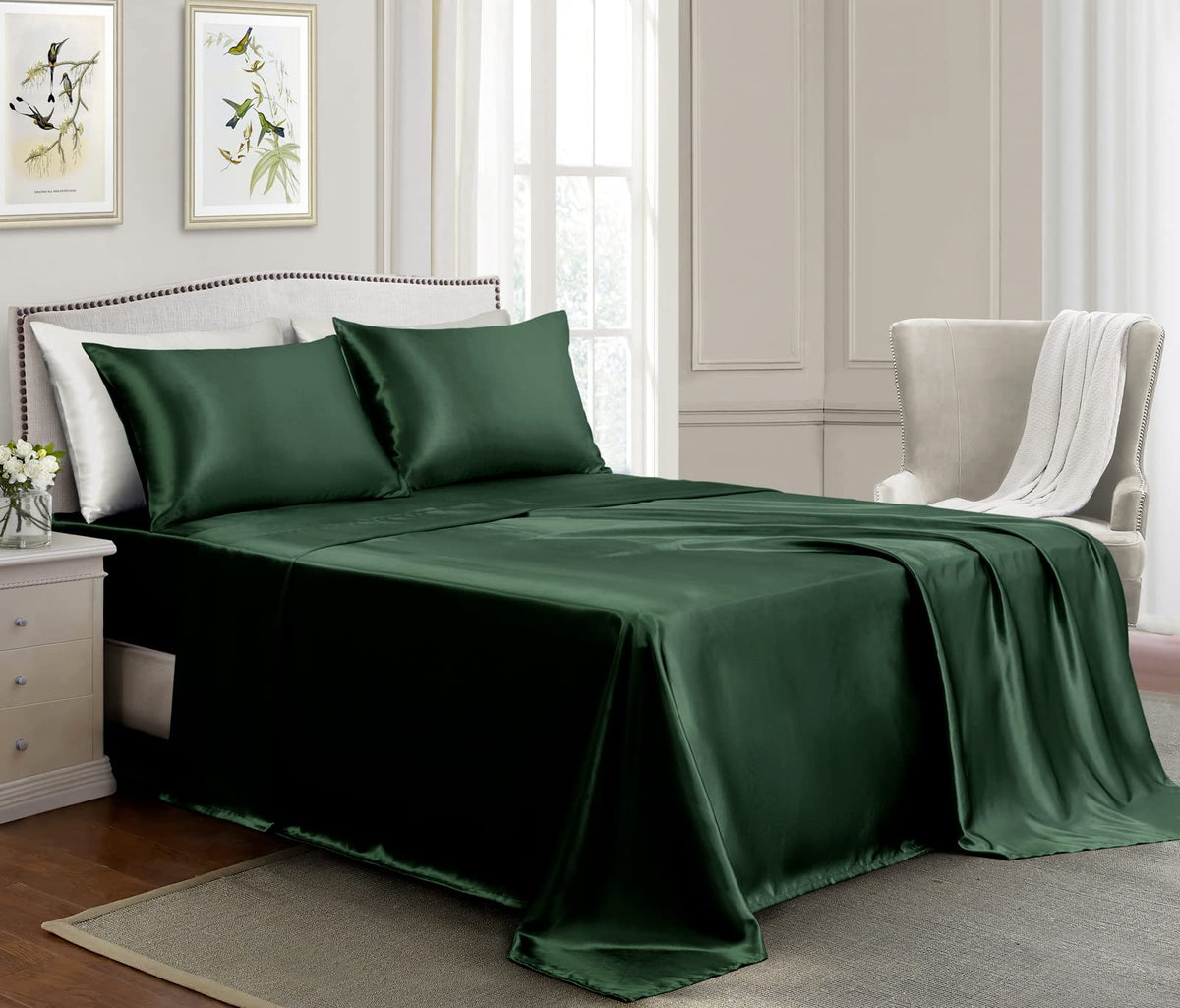 Golal Satin Sheets Full Size - 4 Pieces Luxury Silky Soft Bed Sheets, Wrinkle-Free Dark Green Satin Silk Sheet Set With 1 Deep P