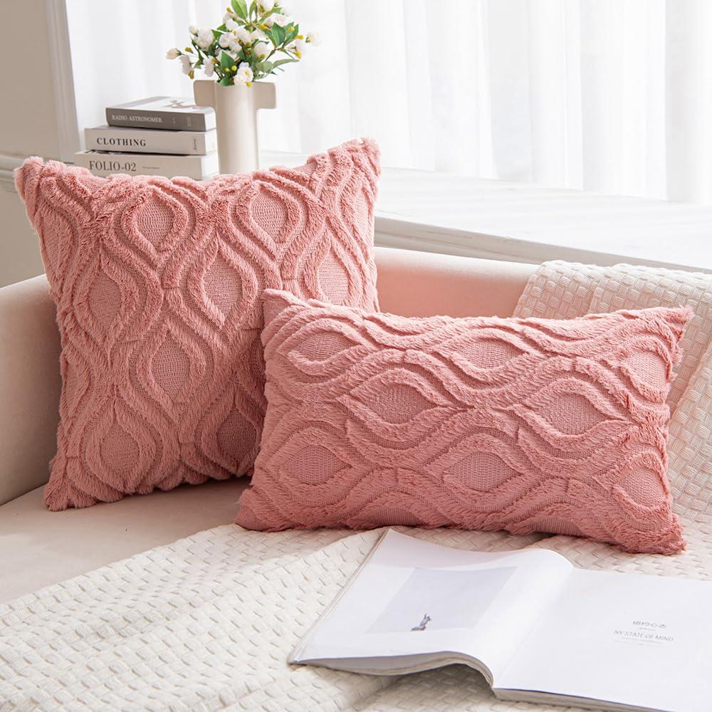 Miulee Coral Red Throw Pillow Covers 12X20 Inch, Soft Winter Plush Faux Wool Couch Pillow Covers Set Of 2 Decorative Farmhouse Boho Throw Pillows For Sofa Living Room Bed