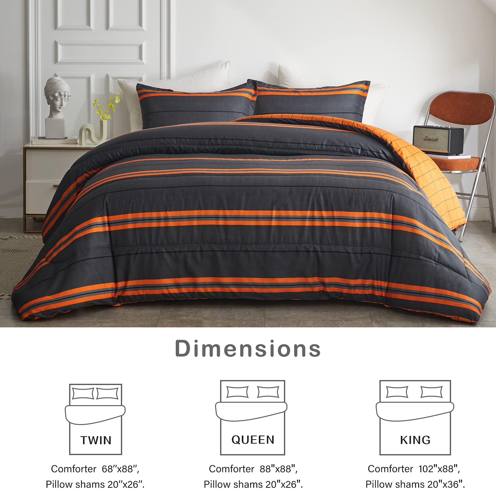 Flysheep 3 Pcs Modern Boho Halloween Comforter Set Full/Queen Size For Women, Bright Orange Striped On Black Dark Grey Soft Micr
