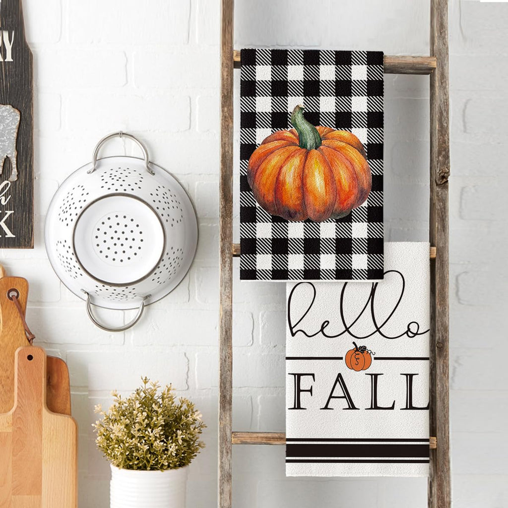 Artoid Mode Buffalo Plaid Pumpkin Hello Fall Kitchen Towels Dish Towels, 18X26 Inch Seasonal Decoration Hand Towels Set Of 2