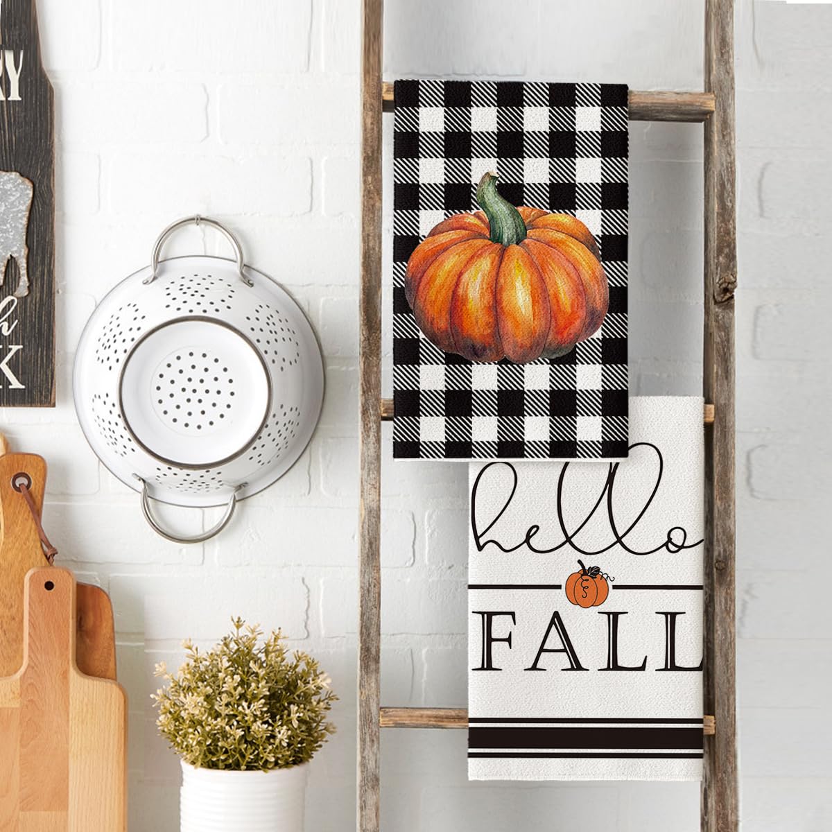 Artoid Mode Buffalo Plaid Pumpkin Hello Fall Kitchen Towels Dish Towels, 18X26 Inch Seasonal Decoration Hand Towels Set Of 2
