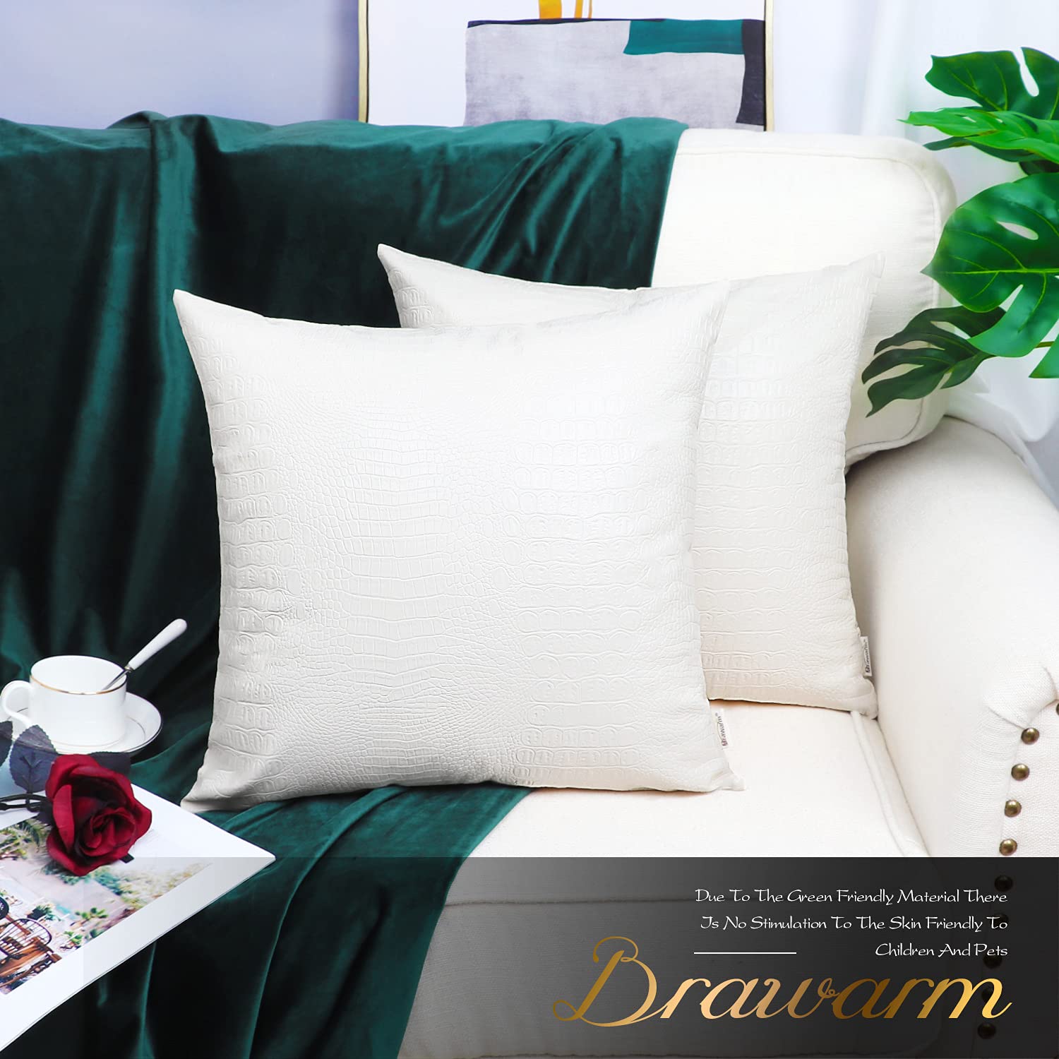 Brawarm Faux Leather Pillow Covers, 18x18 Inches, White Crocodile, Pack of 2, Decorative Throw Pillows for Couch and Bed