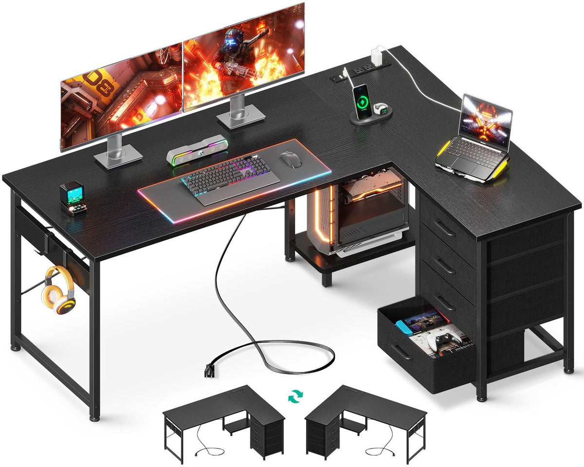 Aodk L Shaped Gaming Desk With 4 Drawers, 53' Reversible Home Office Desks With Power Outlets, L Shaped Computer Desk With Usb Charging Port And Host Stand, Corner Desk, Easy To Assemble, Black