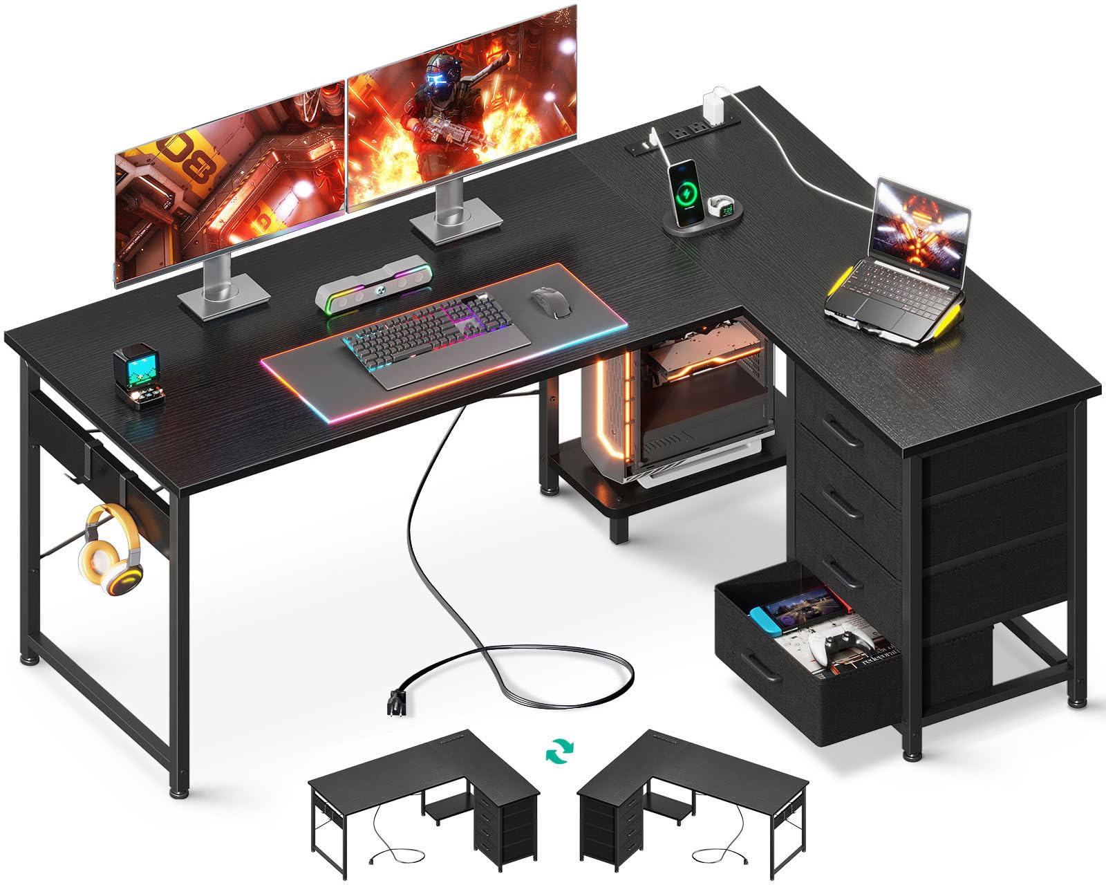 Aodk L Shaped Gaming Desk With 4 Drawers, 53' Reversible Home Office Desks With Power Outlets, L Shaped Computer Desk With Usb Charging Port And Host Stand, Corner Desk, Easy To Assemble, Black