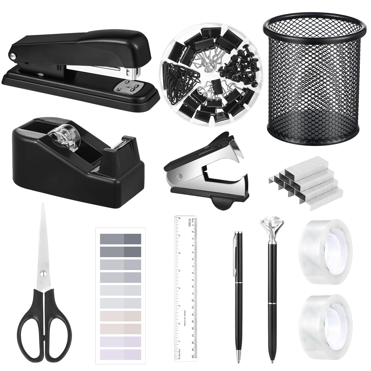 13 In 1 Black Desk Accessories, Black Office Supplies For Men Wome With Stapler And Tape Dispenser Set, Tape, 1000 Staples, Stap