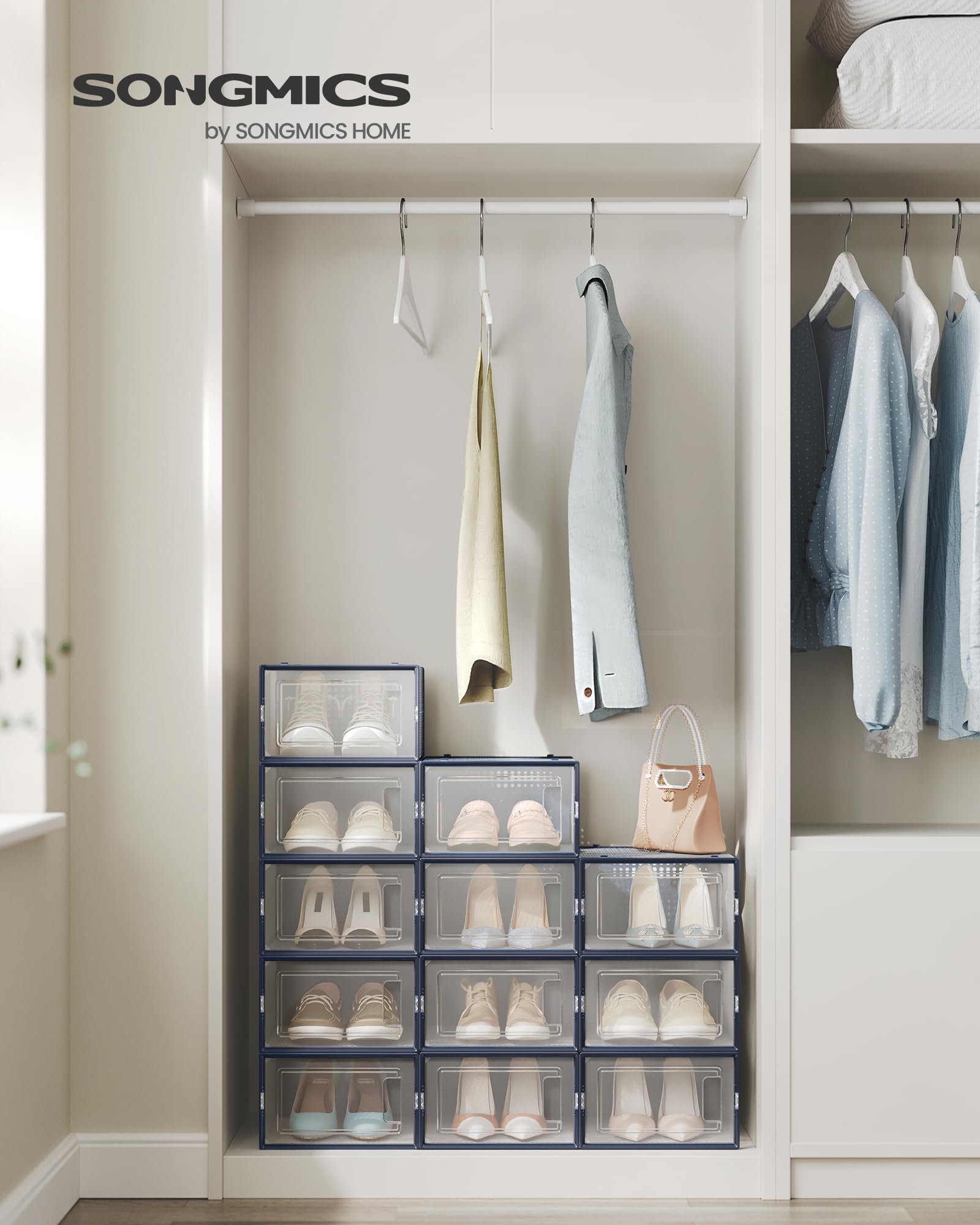 Songmics Shoe Boxes, Pack Of 12 Shoe Storage Organizers, Stackable Clear Plastic Boxes For Closet, Sneakers, 9.1 X 13.1 X 5.6 Inches, Fit Up To Us Size 11, Transparent And Charcoal Blue Ulsp12Sb30