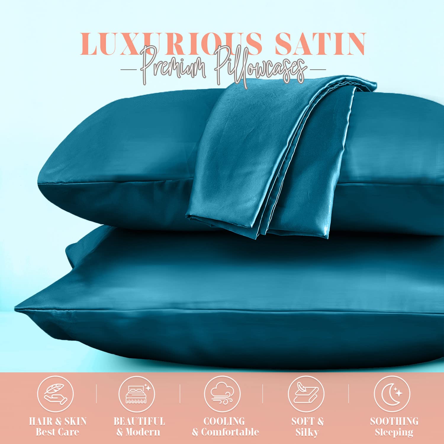 Elegant Comfort Silky And Luxurious 2-Piece Satin Pillowcase Set For Healthier Skin And Hair, Hidden Zipper Closure And Beautifully Packaged, Satin Pillowcase Set, King, Turquoise