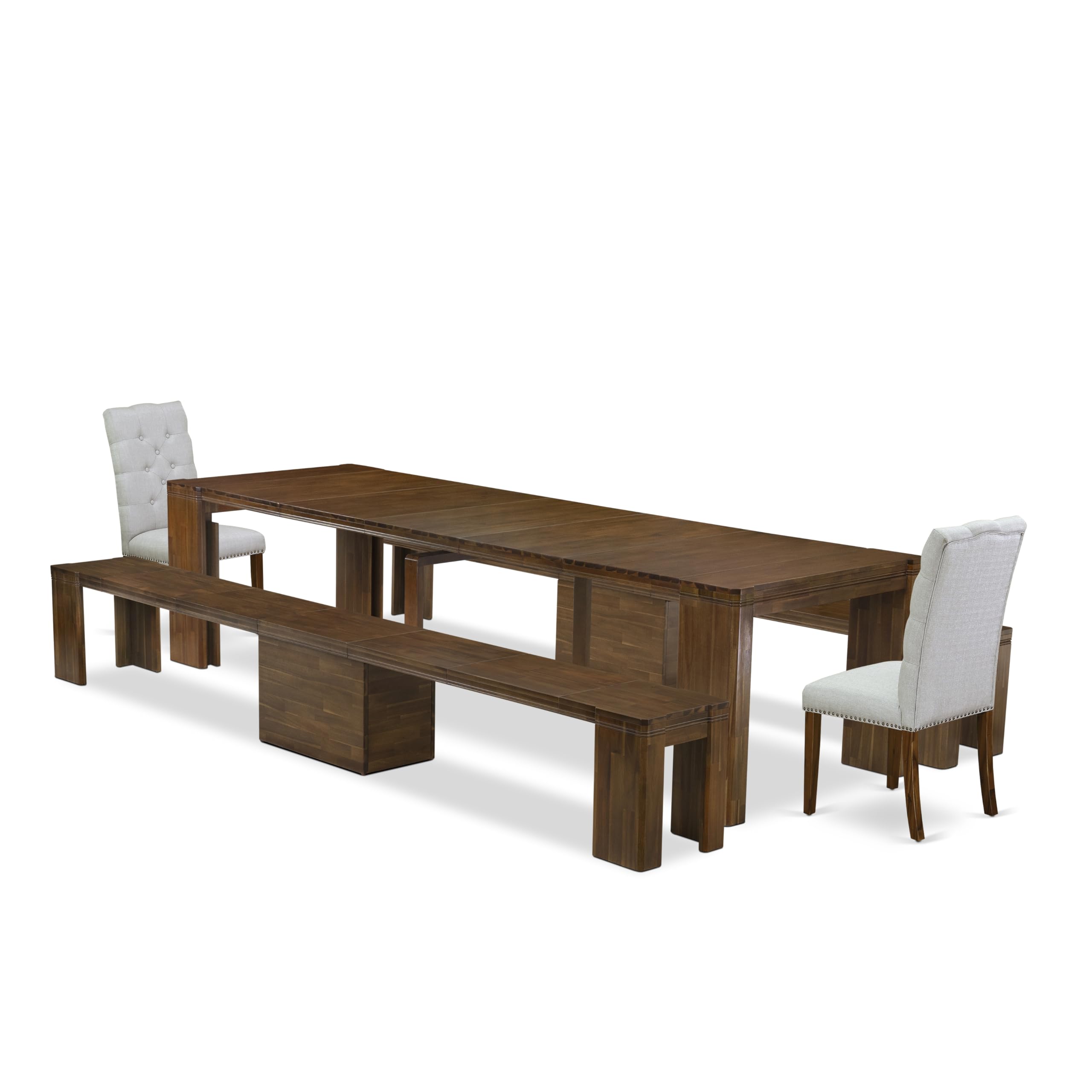 Luxe by East West Furniture - X02EL-208-05 - 5 Pieces Mid Century Dining Table Set contains an Extendable Rectangle Kitchen Table, 2 Dining Chairs and 2 Modern Benches, 39x120 Inch, Antique Walnut