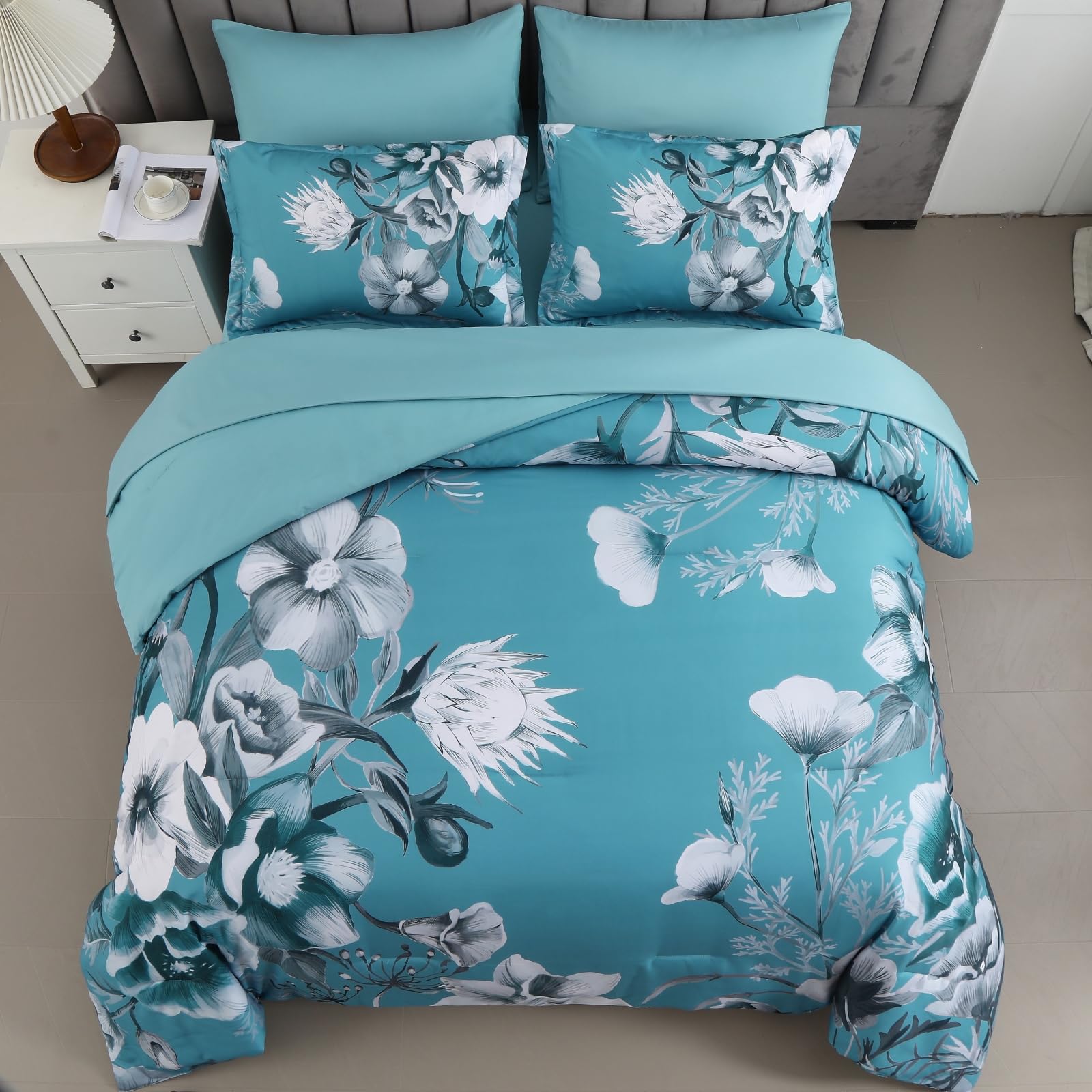 Luxudecor Floral Comforter Set King Size 7 Piece, Teal Blue Flower Bed In A Bag, Elegant Comforter Bedding Set For All Season (T