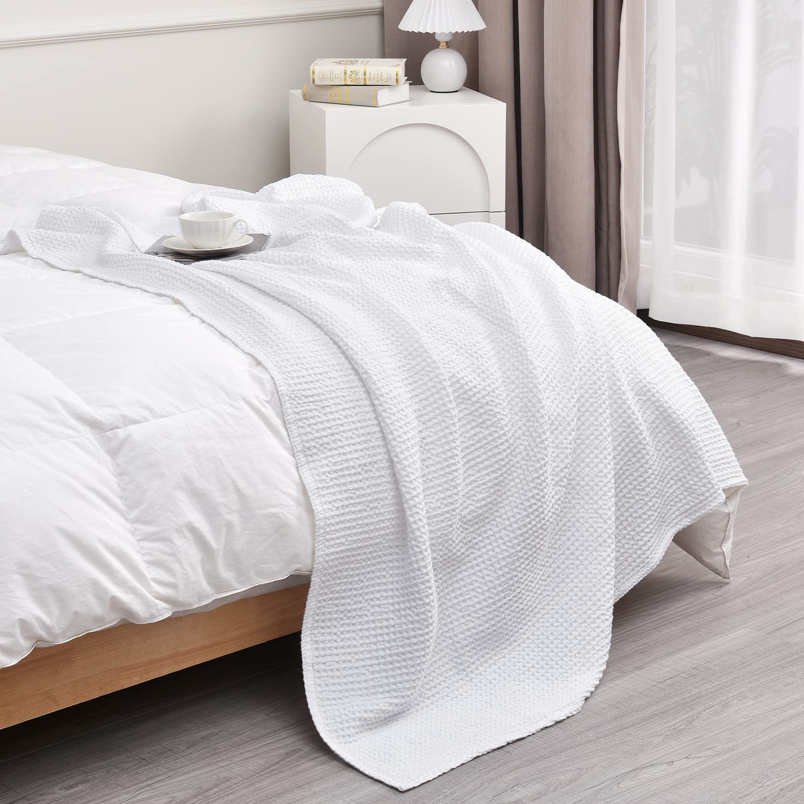 Phf 100% Cotton Waffle Weave Throw Blanket 50' X 60'-Lightweight Washed Soft Breathable Blanket For Adults And Kids-Great Blan