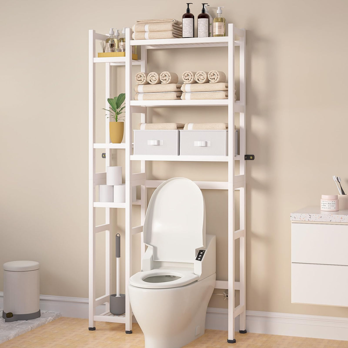 Homde Over The Toilet Storage With Basket And Drawer, Bamboo Bathroom Organizer With Adjustable Shelf & Waterproof Feet Pad, Space Saver Rack For Restroom, Laundry,White