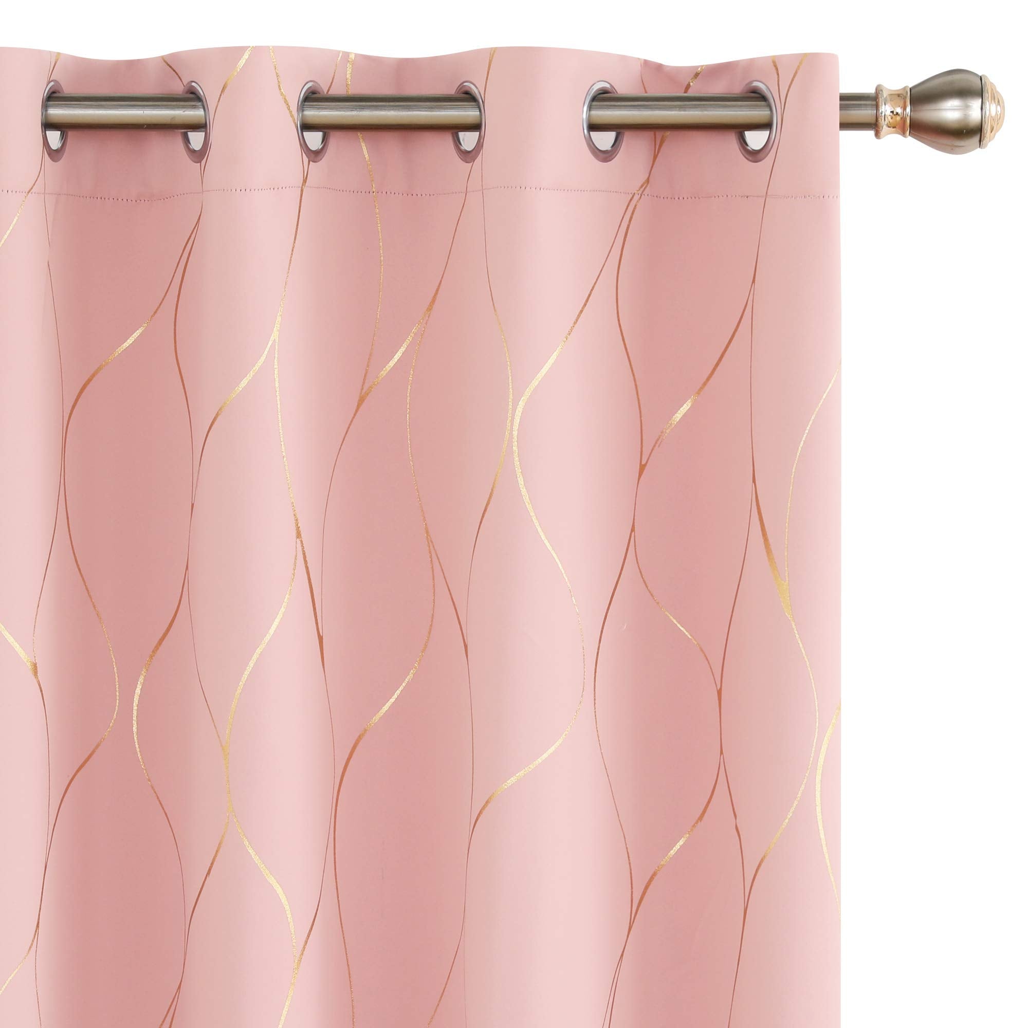 Deconovo Grommet Blackout Curtains, Noise Reducing Gold Foil Wave Print Curtain, 52W X 72L Inch, Coral Pink, Set Of 2 Panels, Ro
