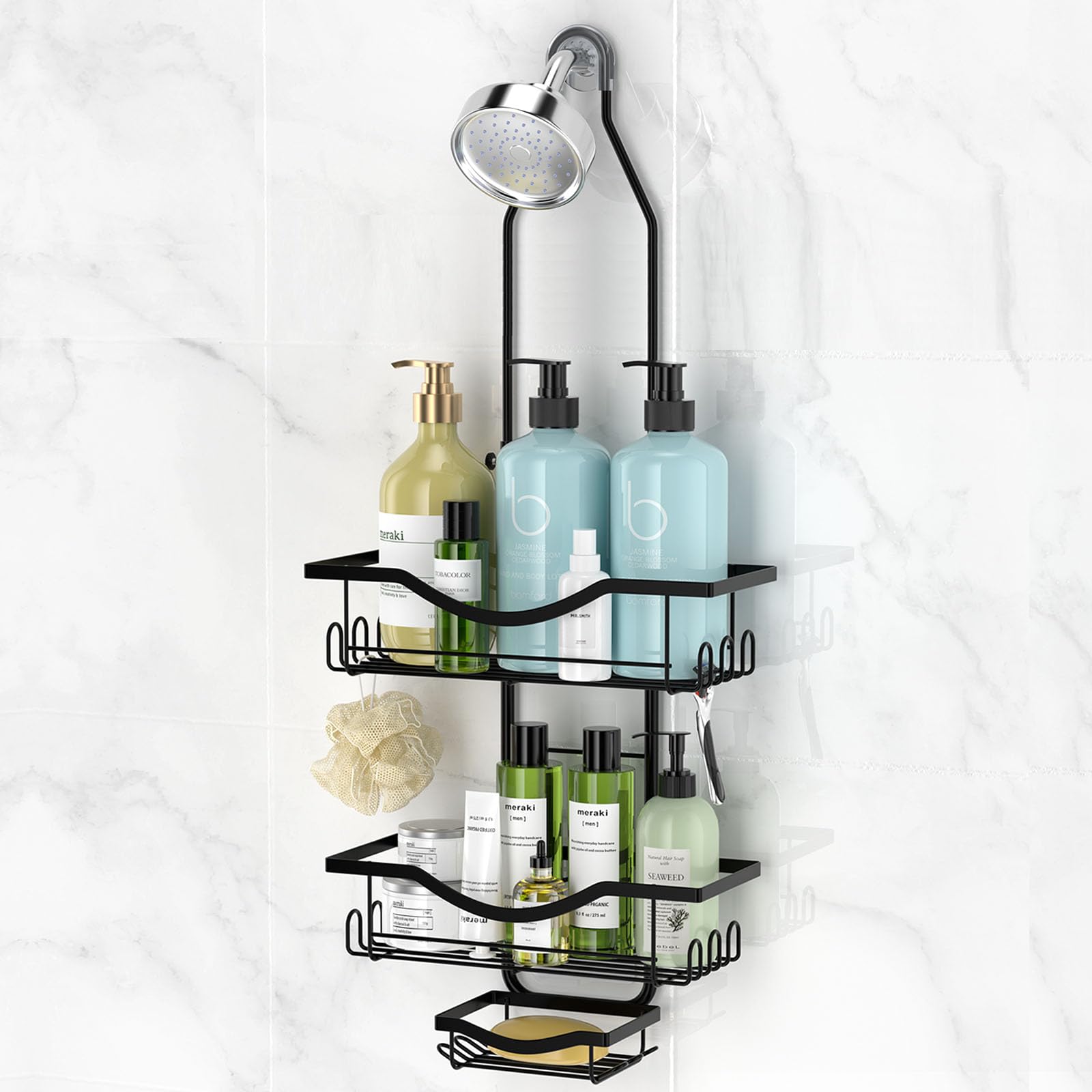 Shower Caddy Hanging Adjustable Shower Caddy, Rustproof Extended Length Shower Caddy Over Shower Head with Hooks Soap Holder, La