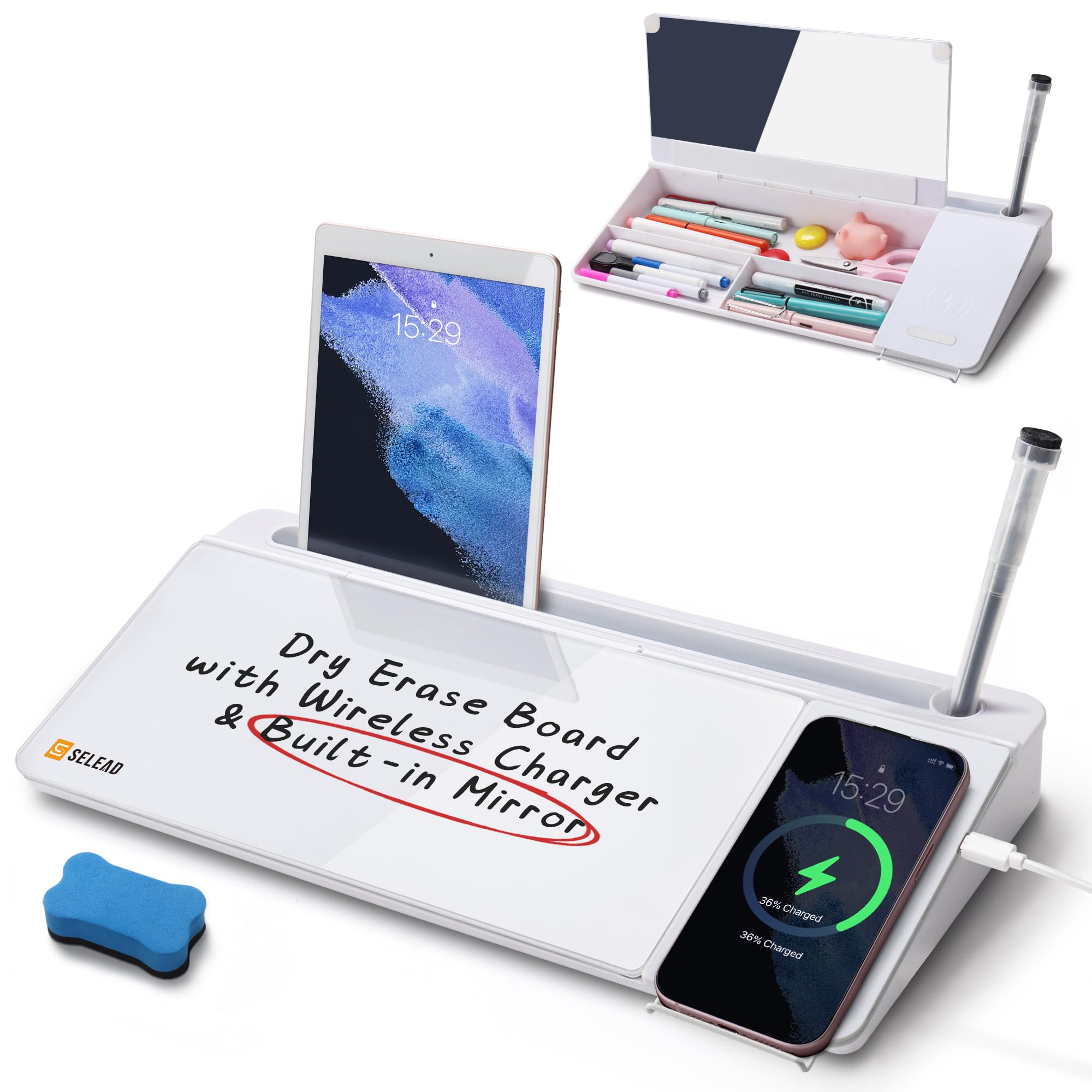Selead Desktop Glass Whiteboard With Wireless Charger Station & Built-In Mirror, Dry Erase Board Computer Pad Keyboard Stand Wit