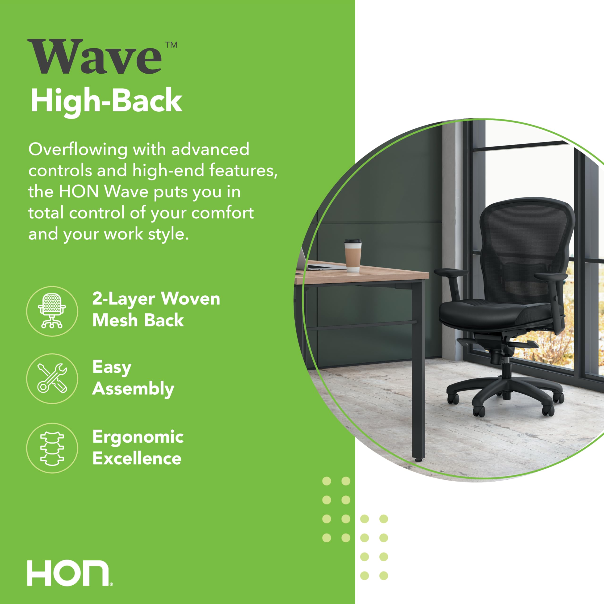 HON Wave High Back Leather Office Chair, Beathable Mesh, Ergonomic Office Chair with Adjustable Arms and Back Support, 360 Swivel, Synchro-Tilt, Black