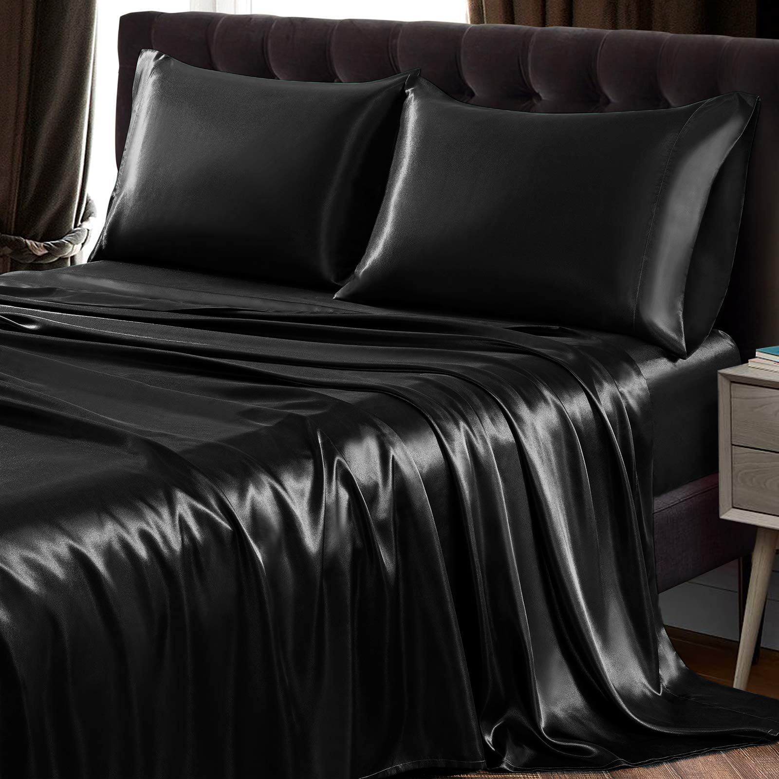Siinvdabzx 3Pcs Twin Xl Sheets Set, Black Silky Satin Sheets Twin Xl Bedding Set Ultra-Soft Extra Long Bed Sheets For College Do