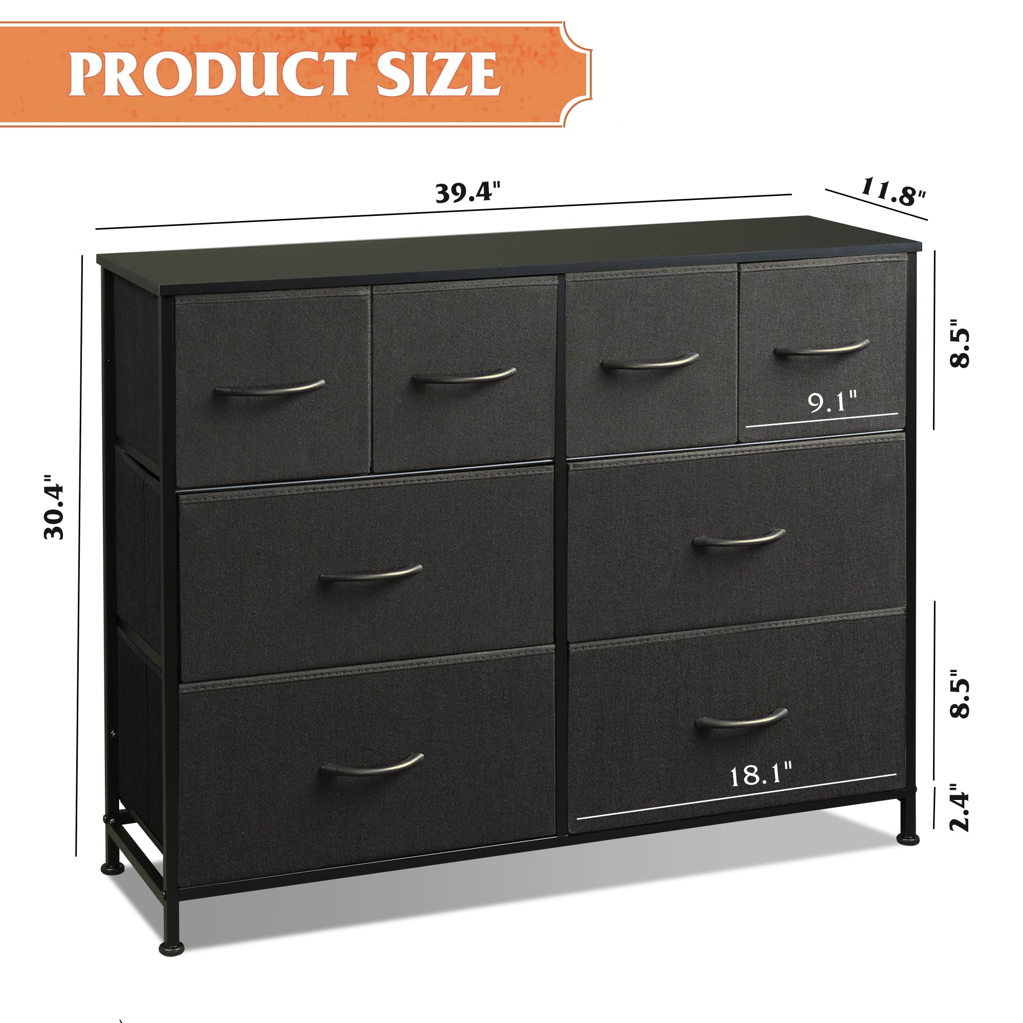 Wlive Dresser For Bedroom With 8 Drawers, Wide Fabric Dresser For Storage And Organization, Bedroom Dresser, Chest Of Drawers For Living Room, Closet, Hallway, Black