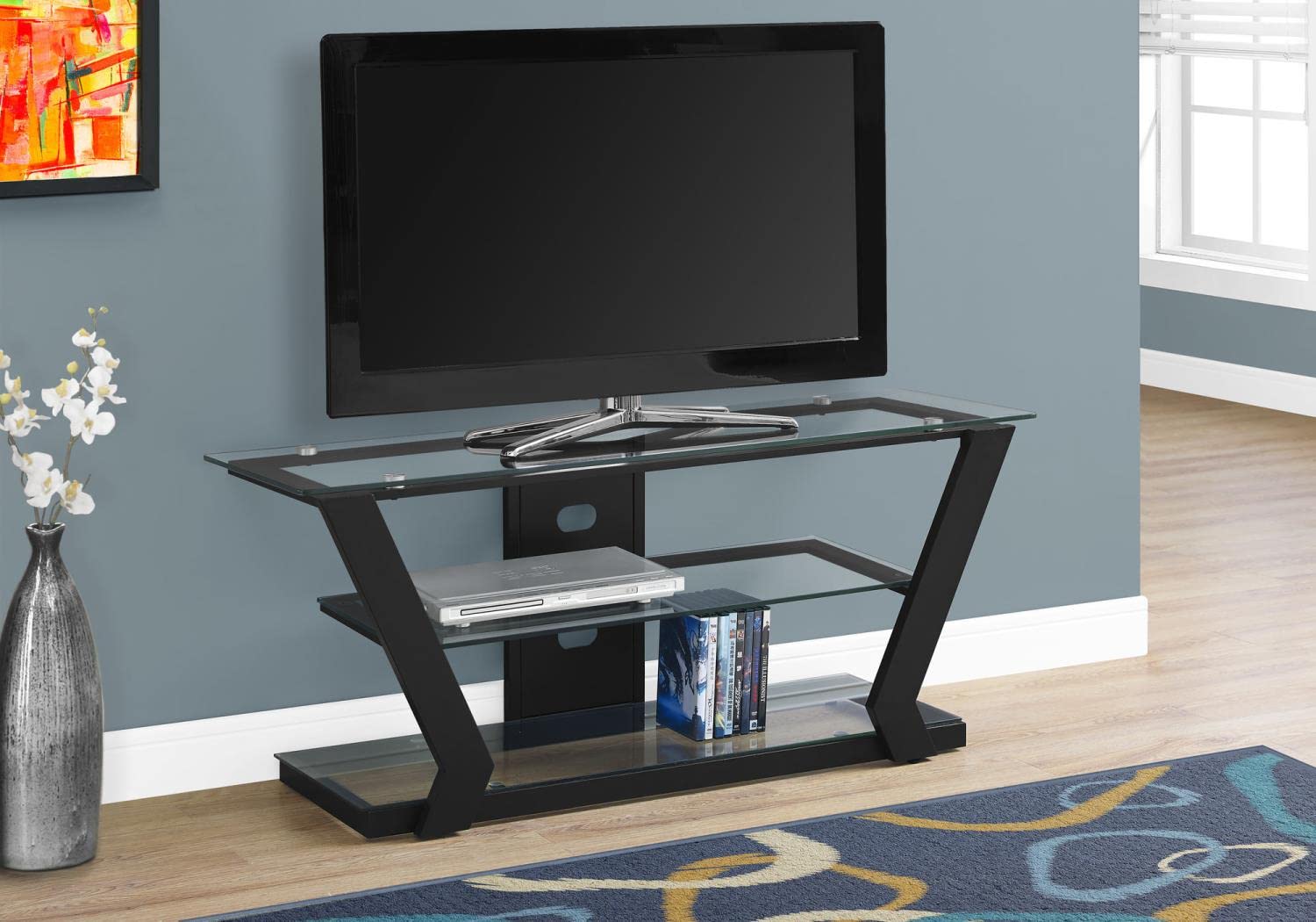 Monarch Specialties I Tv Stand-48 L Metal with Tempered Glass, Black