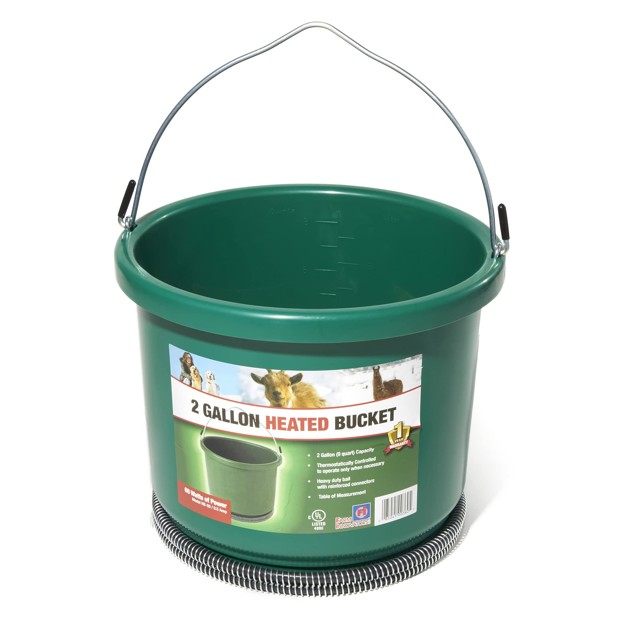 Farm Innovators Hb-60 9 Quart 2 Gallon 60 Watt Plastic Heated Bucket With Built In Thermostat, Green
