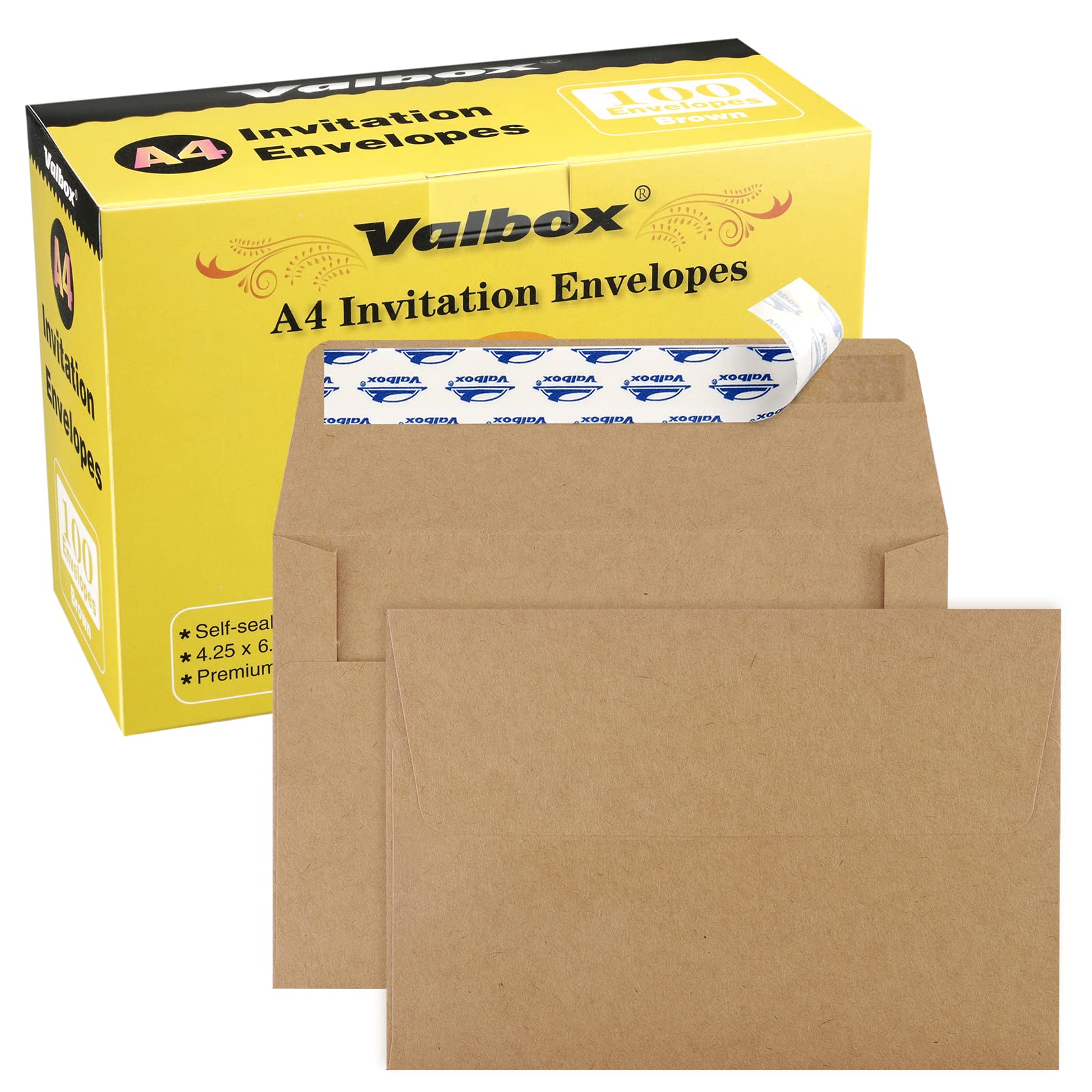 Valbox A4 Photo Envelopes 100 Qty 4 X 6 Brown Kraft Paper Envelopes Self Seal For 4X6 Cards, Photos, Weddings, Invitations, Baby