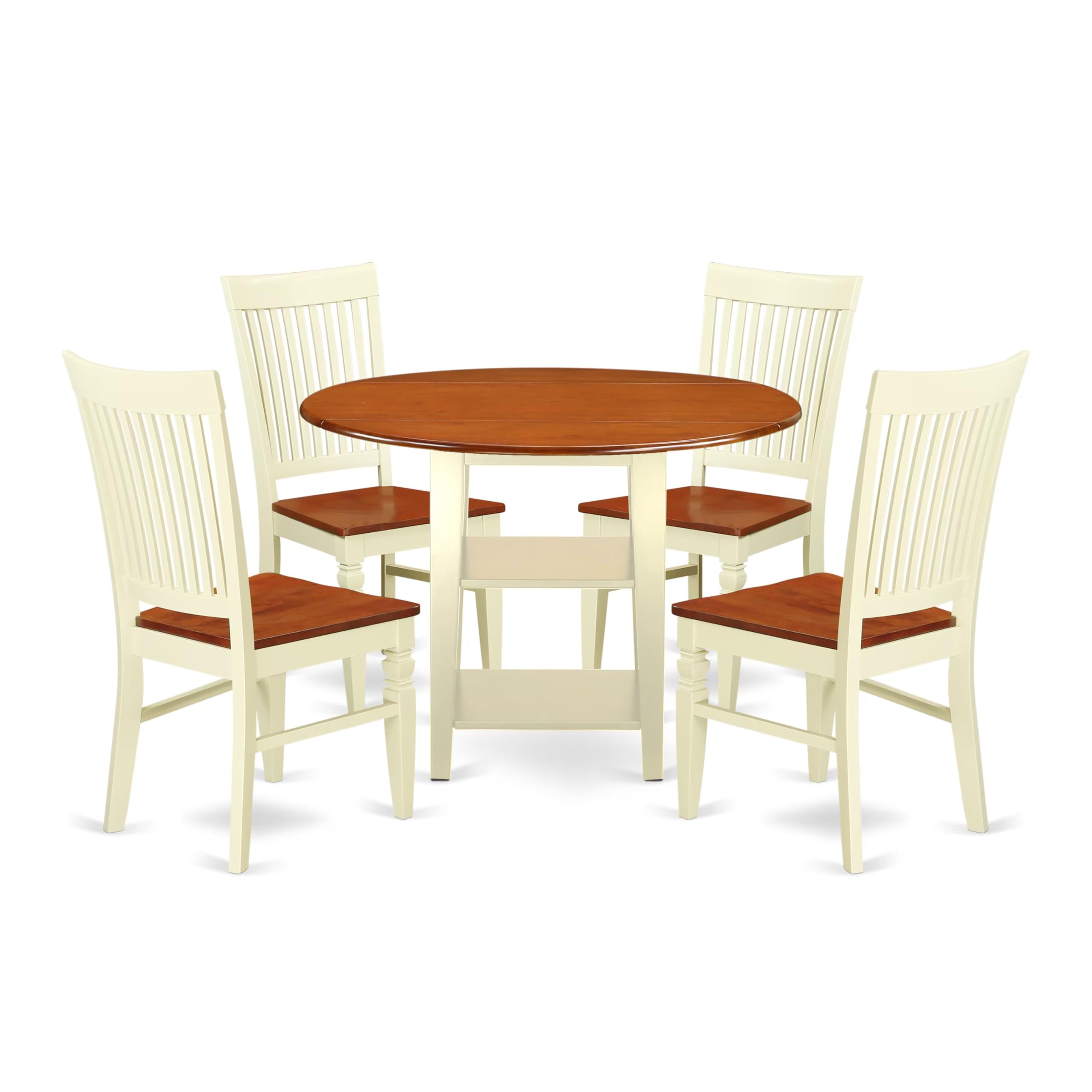 East West Furniture Suwe5-Bmk-W 5 Piece Dining Table Set For 4 Includes A Round Kitchen Table With Dropleaf & Shelves And 4 Kitchen Dining Chairs, 42X42 Inch, Buttermilk & Cherry