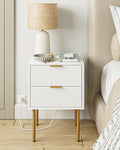 Aepoalua Nightstand With Charging Station,Small Bedside Table With Gold Frame,White Night Stand,Bedside Furniture,Side Table With 2Drawer For Bedroom,Living Room