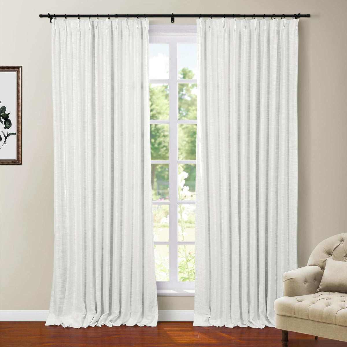 Twopages Warm White Polyester Linen 96 Inches Long Thermal Insulated Curtain With Pinch Pleated And Back Tab Blackout Textured D
