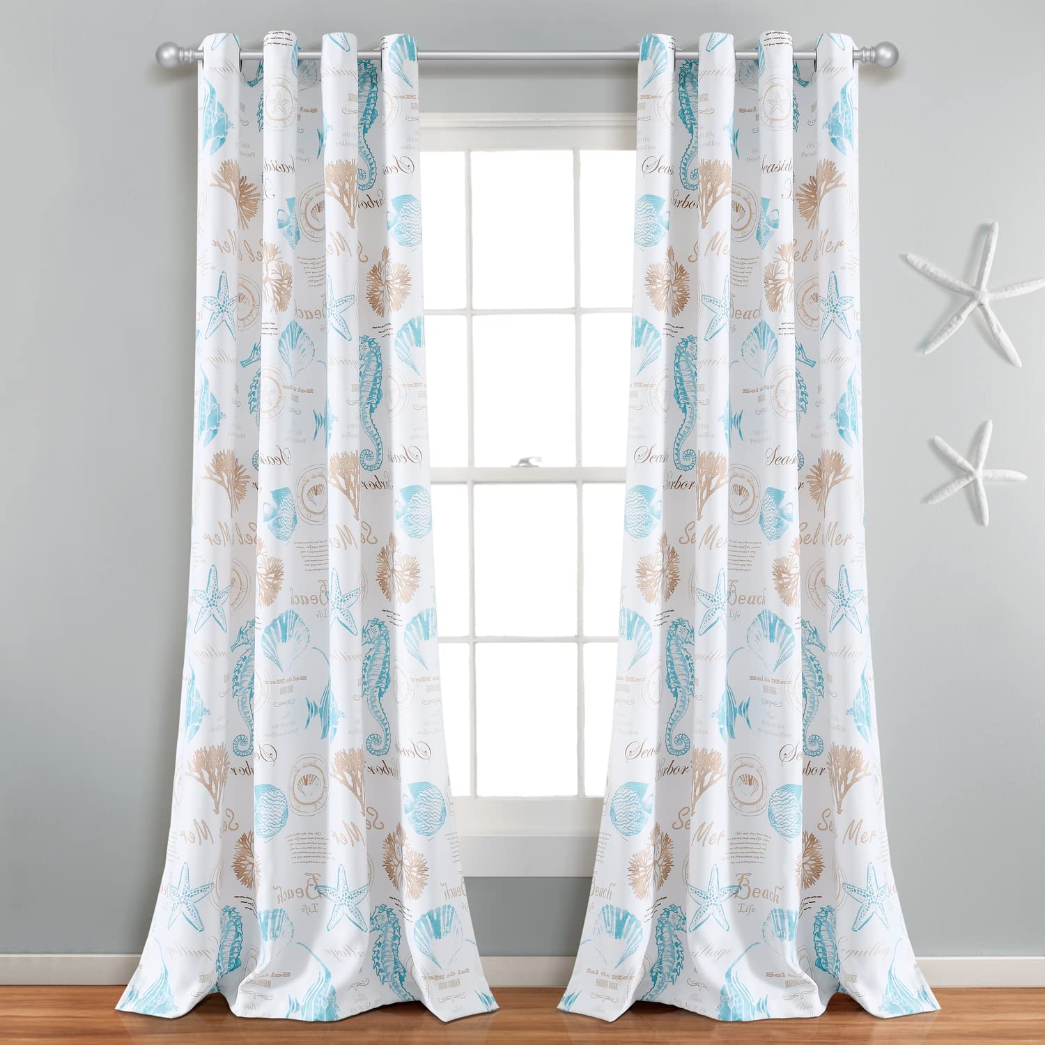 Lush Decor Harbor Life Light Filtering Window Curtain Panel, Single Panel, 52' W X 84' L, Blue & Taupe - Seahorse & Seashell N