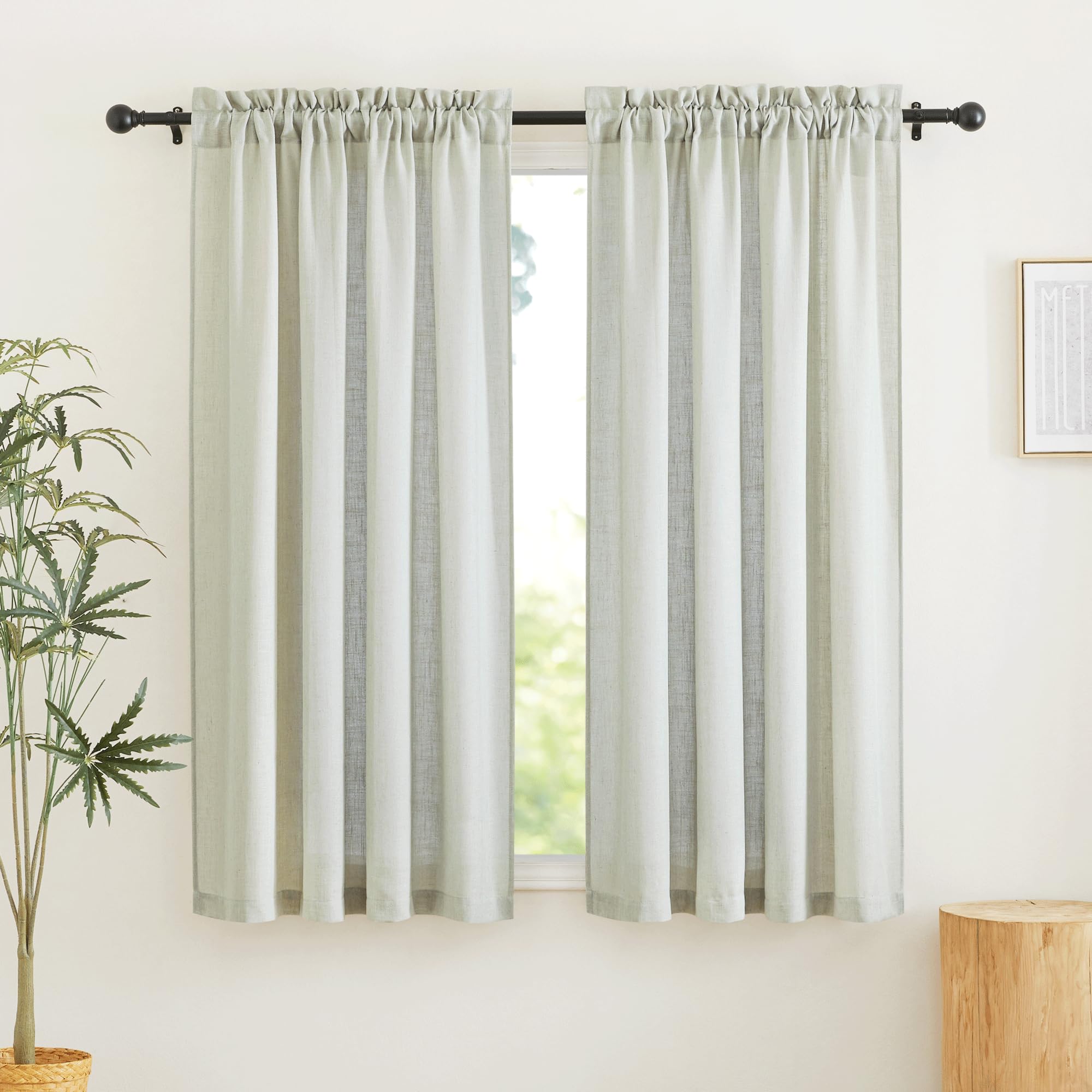 Ryb Home Sage Linen Curtains 63 Inch Length For Bedroom 2 Panels Light Filtering Privacy Semi Sheer Curtains For Kids Room Livin
