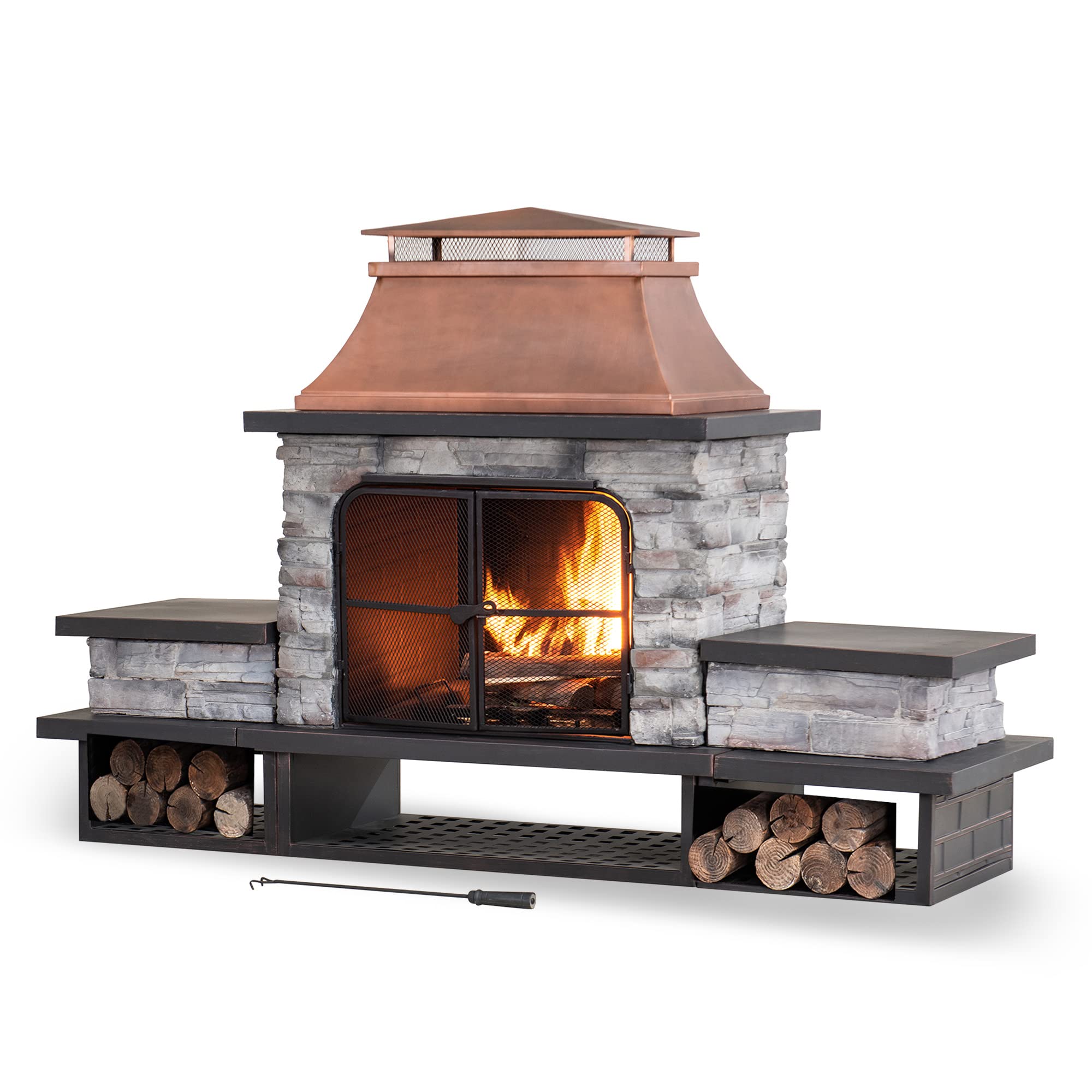 Sunjoy Outdoor Fireplace, Patio Wood Burning Fireplace With Steel Chimney, Mesh Spark Screen Doors, Fire Poker, And Removable Gr