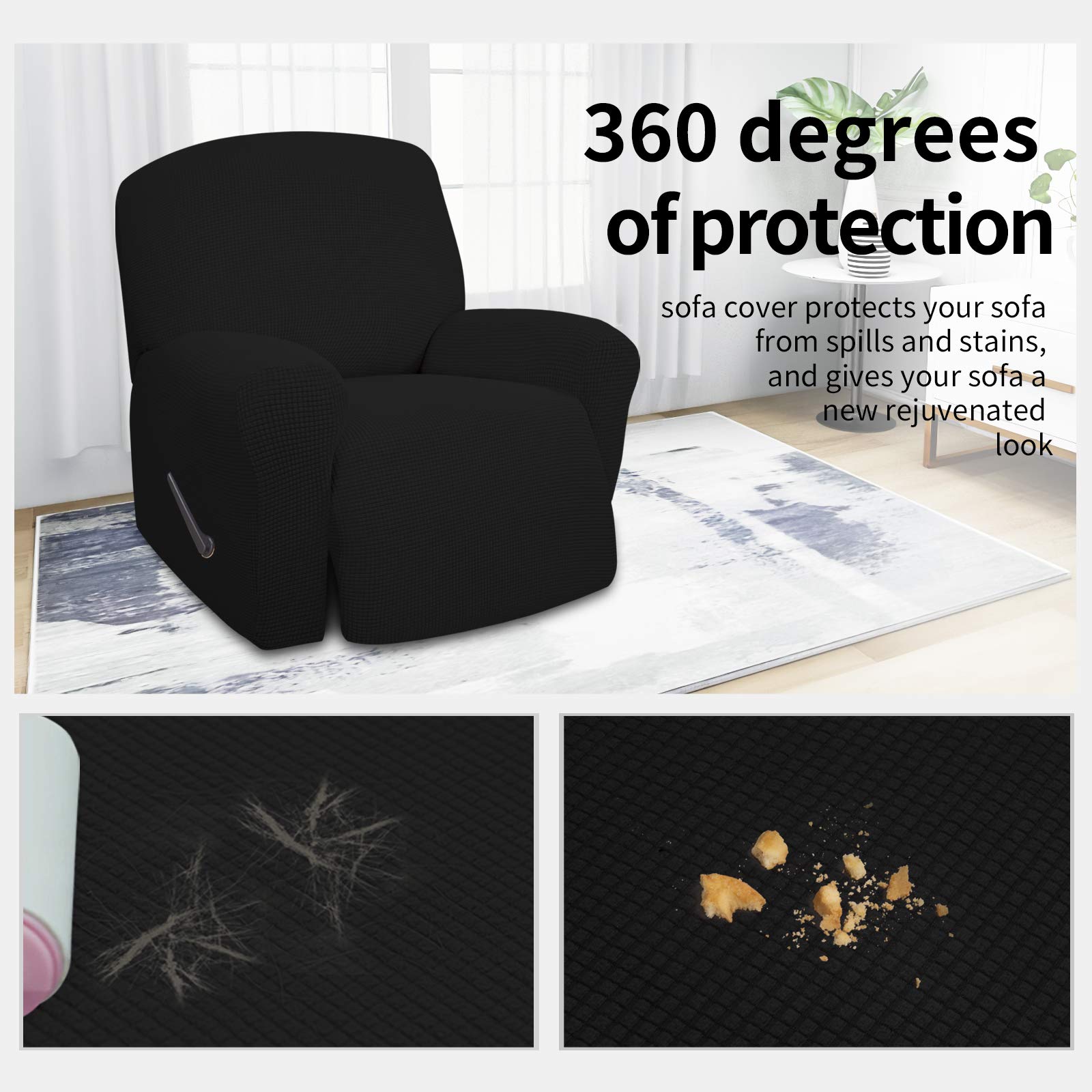 Easy-Going 4 Pieces Oversized Recliner Stretch Sofa Slipcover Sofa Cover Furniture Protector Couch Soft With Elastic Bottom Polyester Spandex Jacquard Fabric Small Checks Black X-Large