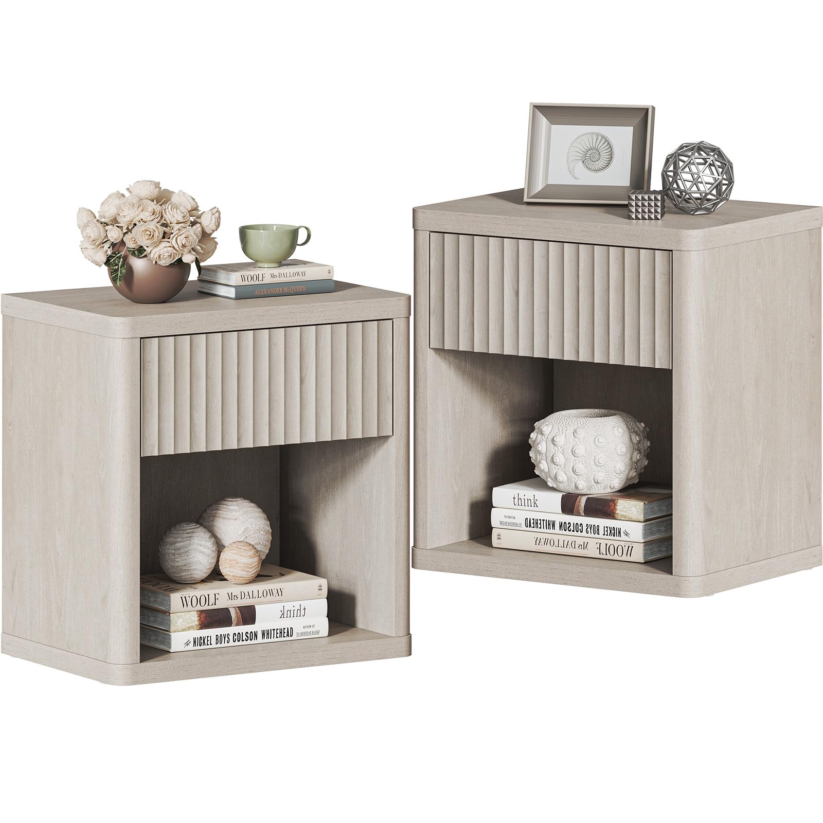 Sicotas Night Stand Nightstand With Drawer Storage Fluted Bed Side Table End Table Large Modern 22.7' Wide Bedside Stand Mid Century Night Stands For Bedroom Living Room Sofa Couch Home Office