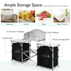 Goplus Folding Camping Kitchen Table With Storage, Aluminum Portable Outdoor Cooking Table With Windscreen, Foldable Camp Table Cook Station For Bbq, Grill, Party, Picnics, 68D X 19W X 43.5H In, Black