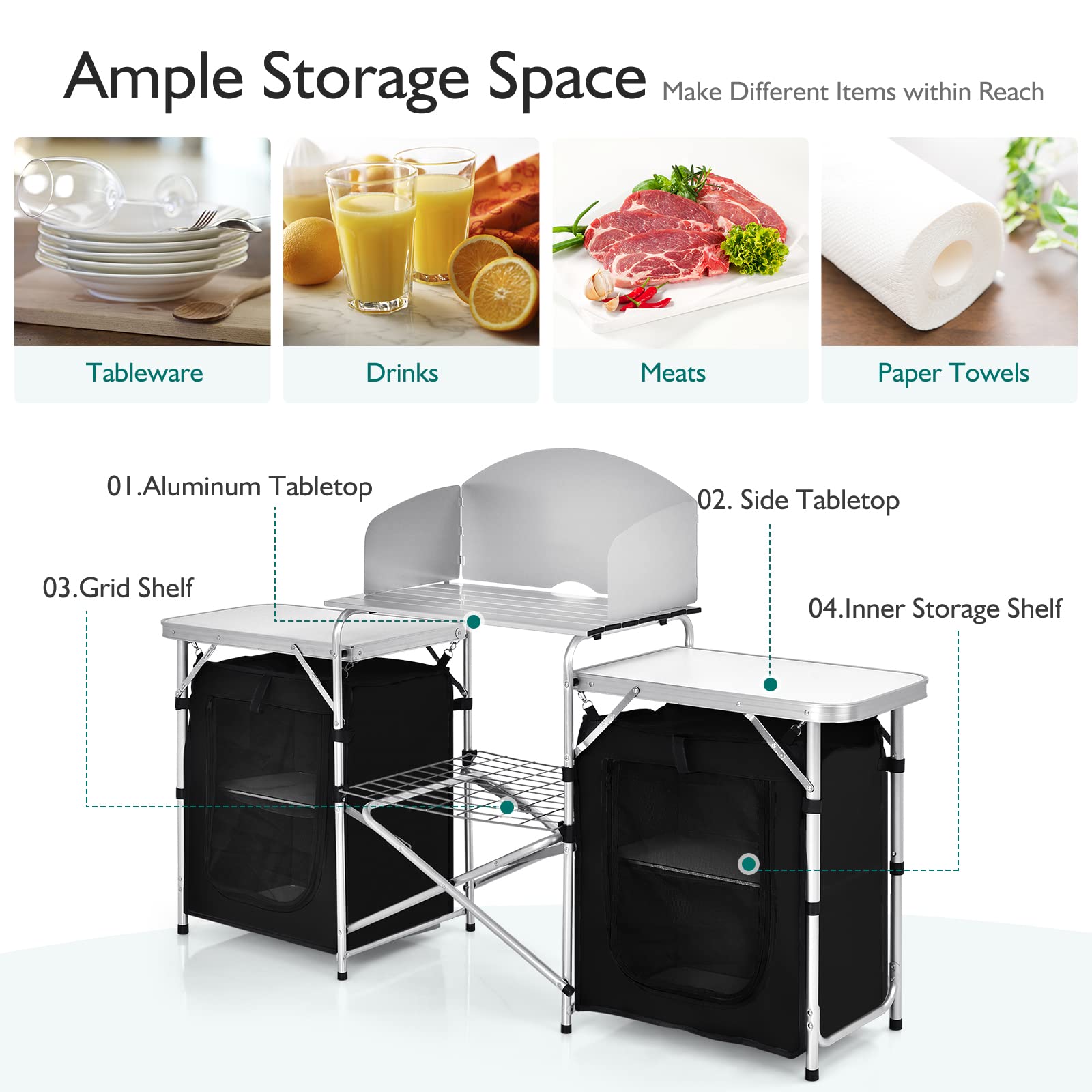 Goplus Folding Camping Kitchen Table With Storage, Aluminum Portable Outdoor Cooking Table With Windscreen, Foldable Camp Table Cook Station For Bbq, Grill, Party, Picnics, 68D X 19W X 43.5H In, Black