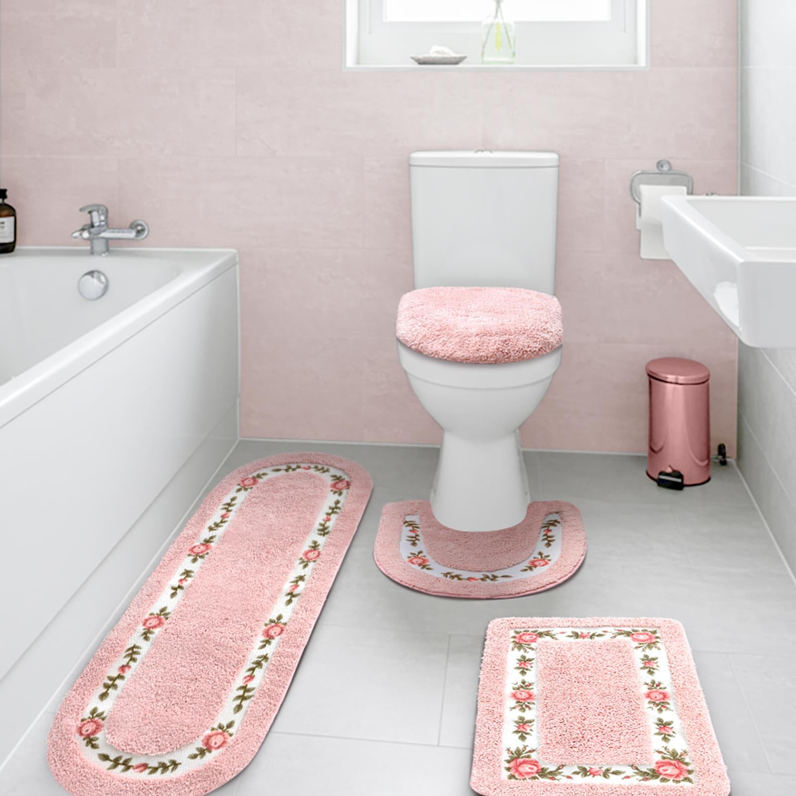 Drydiet 4 Pcs Bathroom Rugs Sets with Toilet Lid Cover Rose Flowers Bathroom Rugs Set Coquette Room Decor Floral Bath Mat U Shap