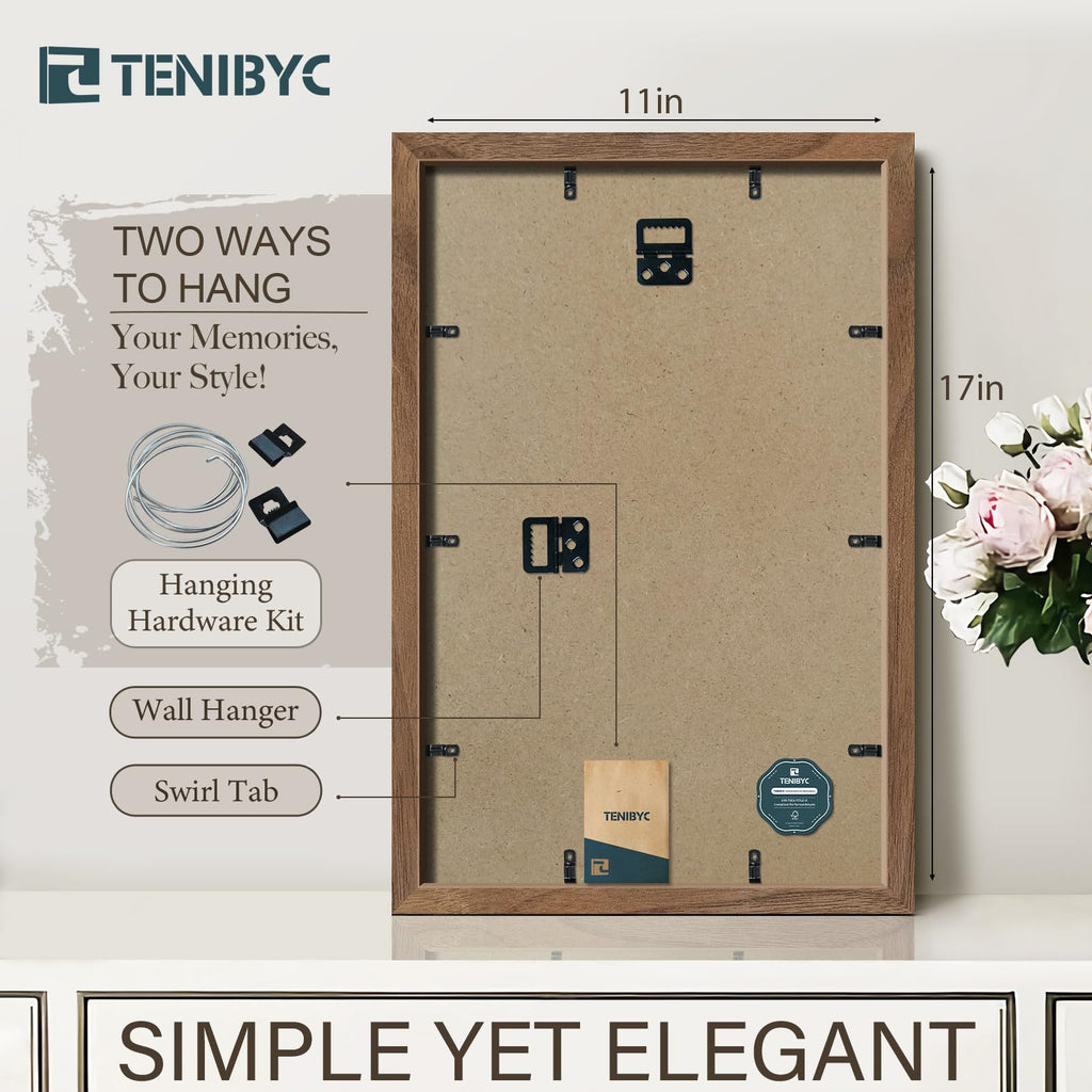 Tenibyc 11X17 Walnut Poster Frame 3 Pack With Hd Glass - Natural Brown, Solid Wood Picture Frame, Wall Gallery Frame