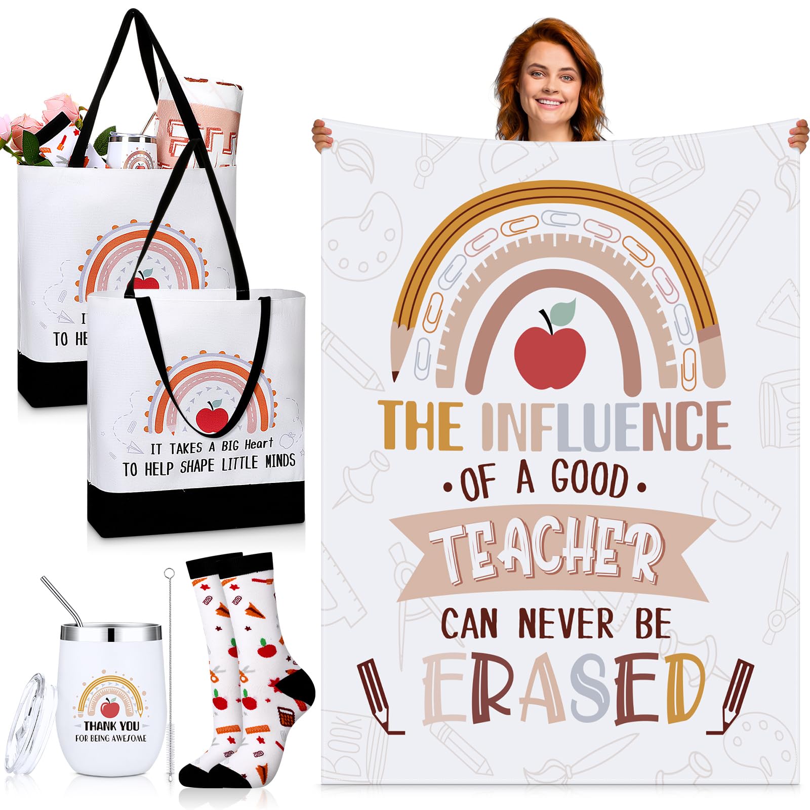 Buryeah 4 Pcs Teacher Appreciation Gifts Sets Include 60 X 50 Inch Blanket Tote Bag Stainless Steel Tumbler And Socks Thank You