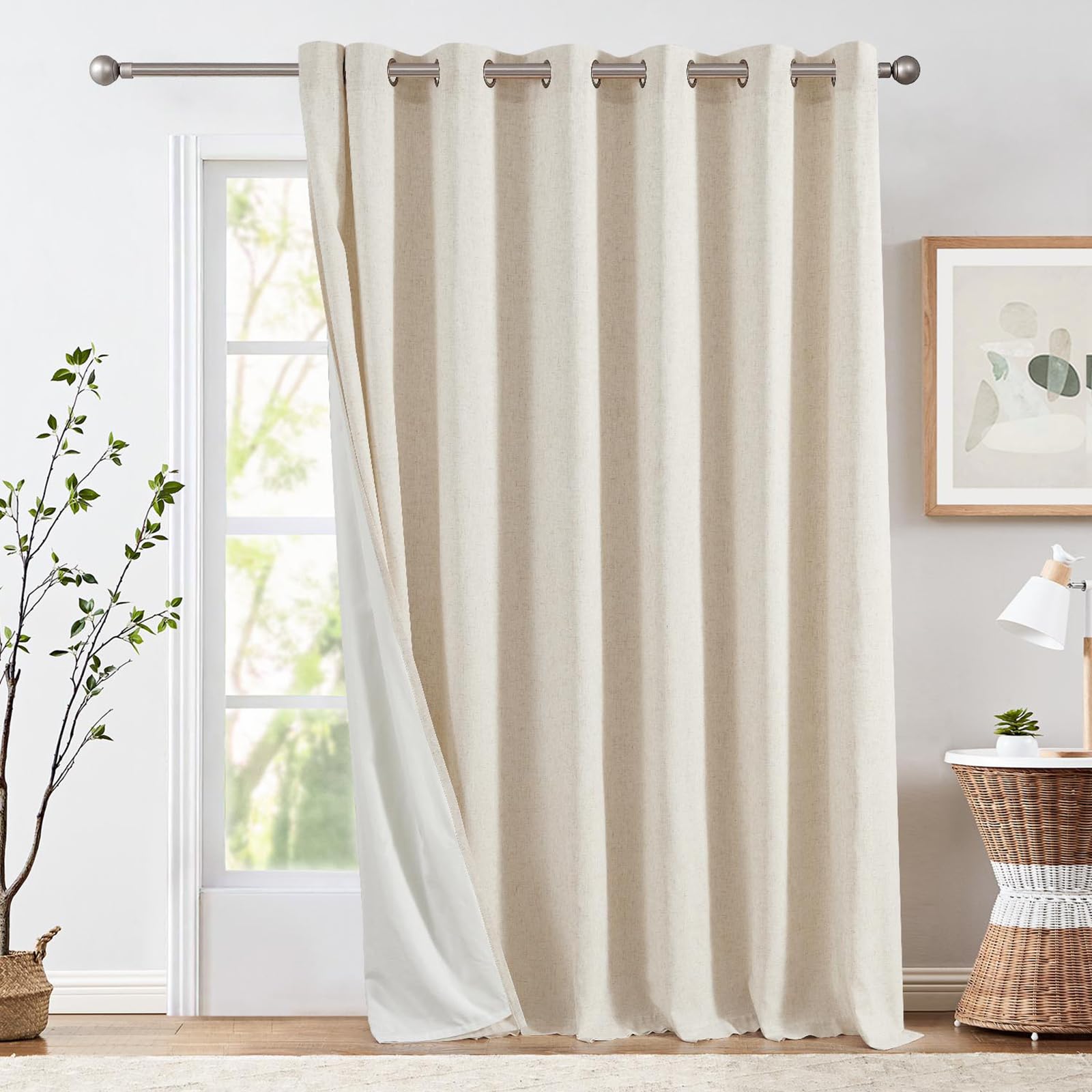Jinchan Linen Beige Curtain 100 Inch Extra Wide For Patio Sliding Glass Door Farmhouse Grommet Top Light Filtering Window Drape