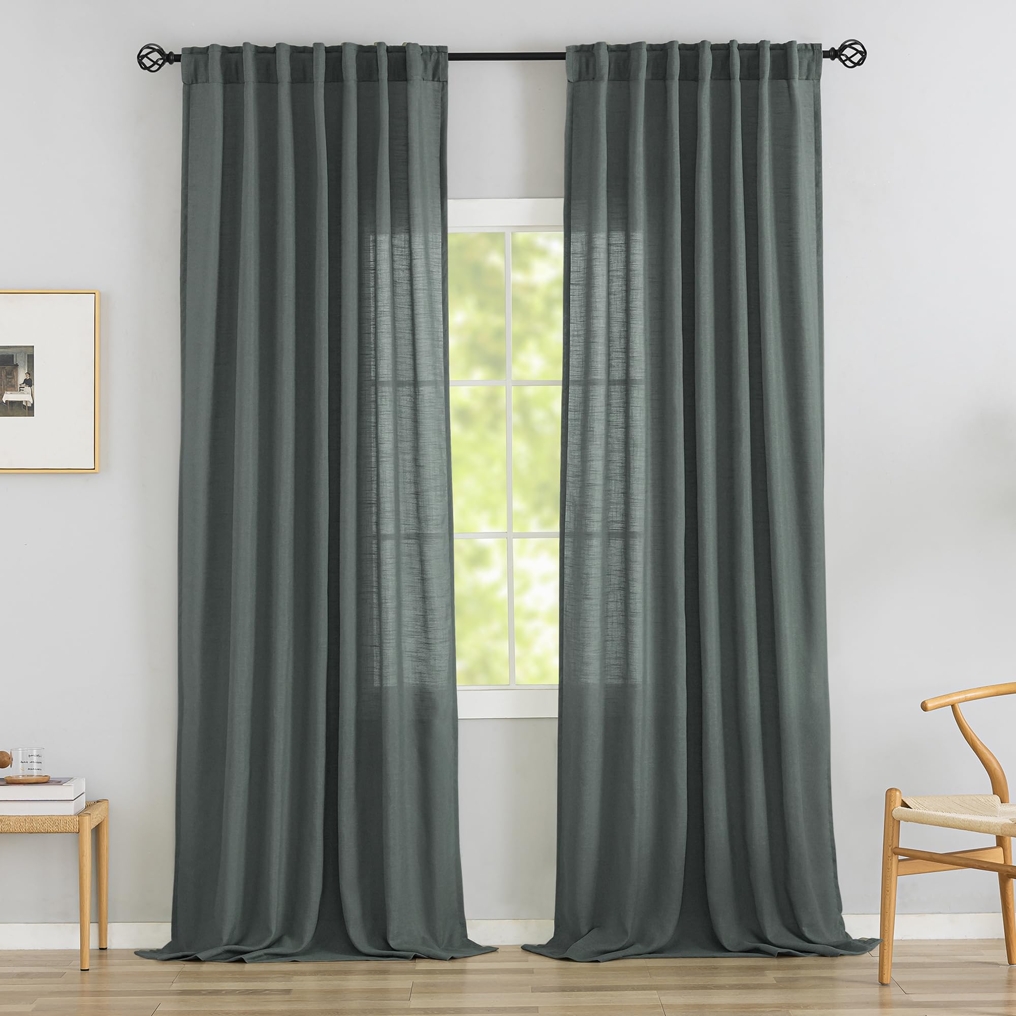 Livingroom 108 Inch Length Linen Textured Curtains - 2 Panels Set Back Tab Hooks Belt Track Natural Flax Weave Light Filtering Semi Sheer Draperies,9Ft Extra Long Curtain For High Window,Charcoal Grey