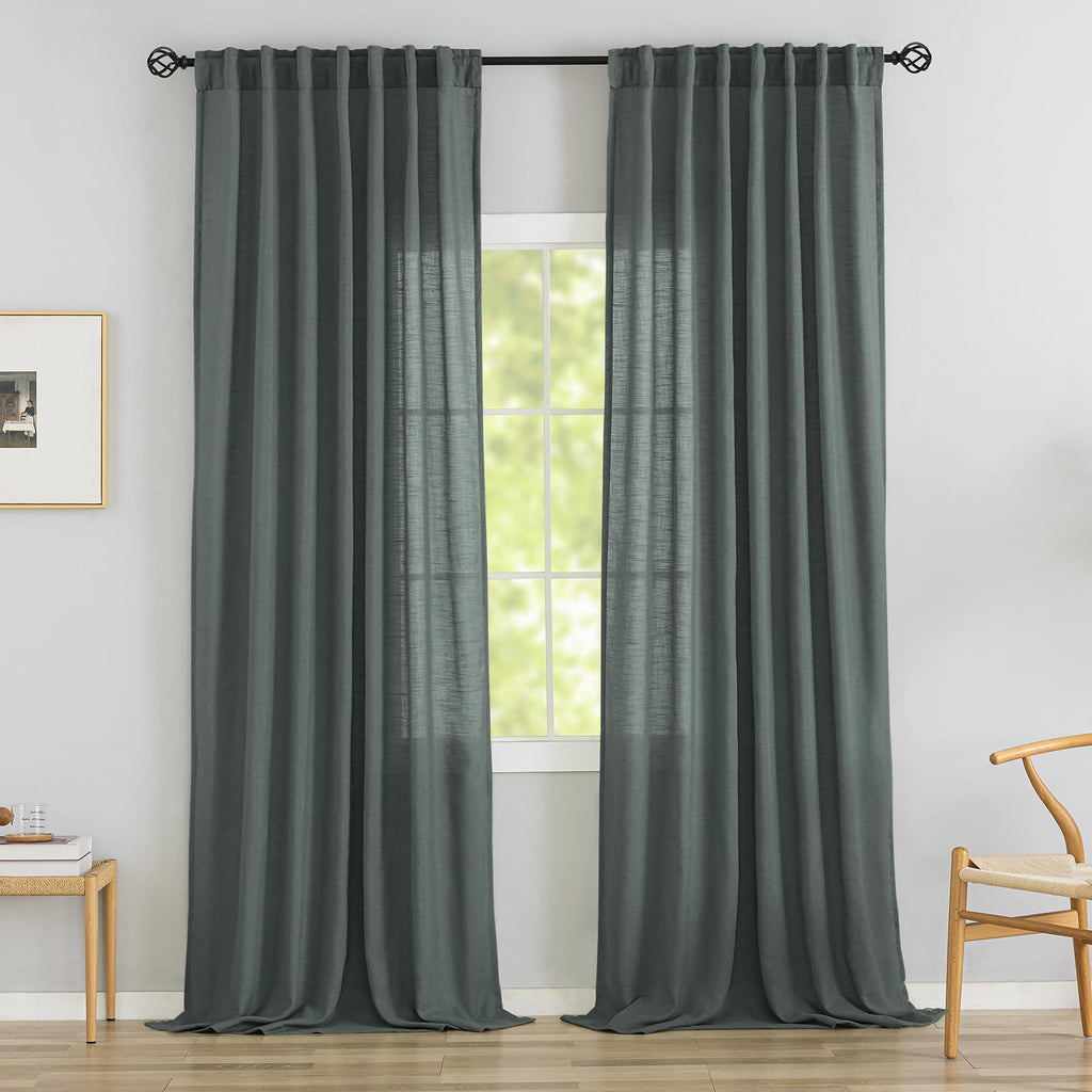 120 Inches Extra Long Linen Curtain Panels Pair Living Room Back Tab Farmhouse Light Filtering Semi Sheer Boho Linen Curtains 10 Ft Long Floor To Ceiling Large Window Patio Sliding Door,Charcoal Grey