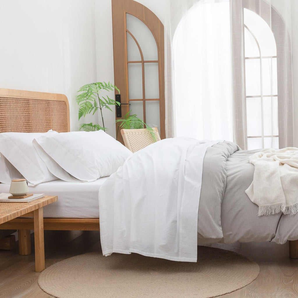 BESTOUCH Sheet Set 100% Washed Cotton Linen Feel Super Soft Comfortable Chic Lightweight 4 Pcs Home Bedding Set Solid Bright Whi