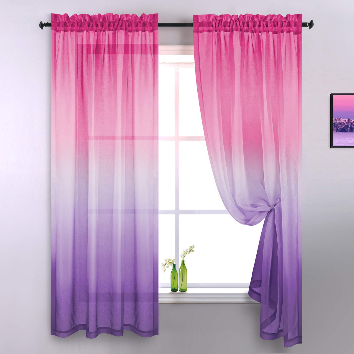 Koufall Pink And Purple Curtains For Girls Room,2 Panels Set Sheer Short Curtains For Windows Girl Bedroom,63 Inch Length