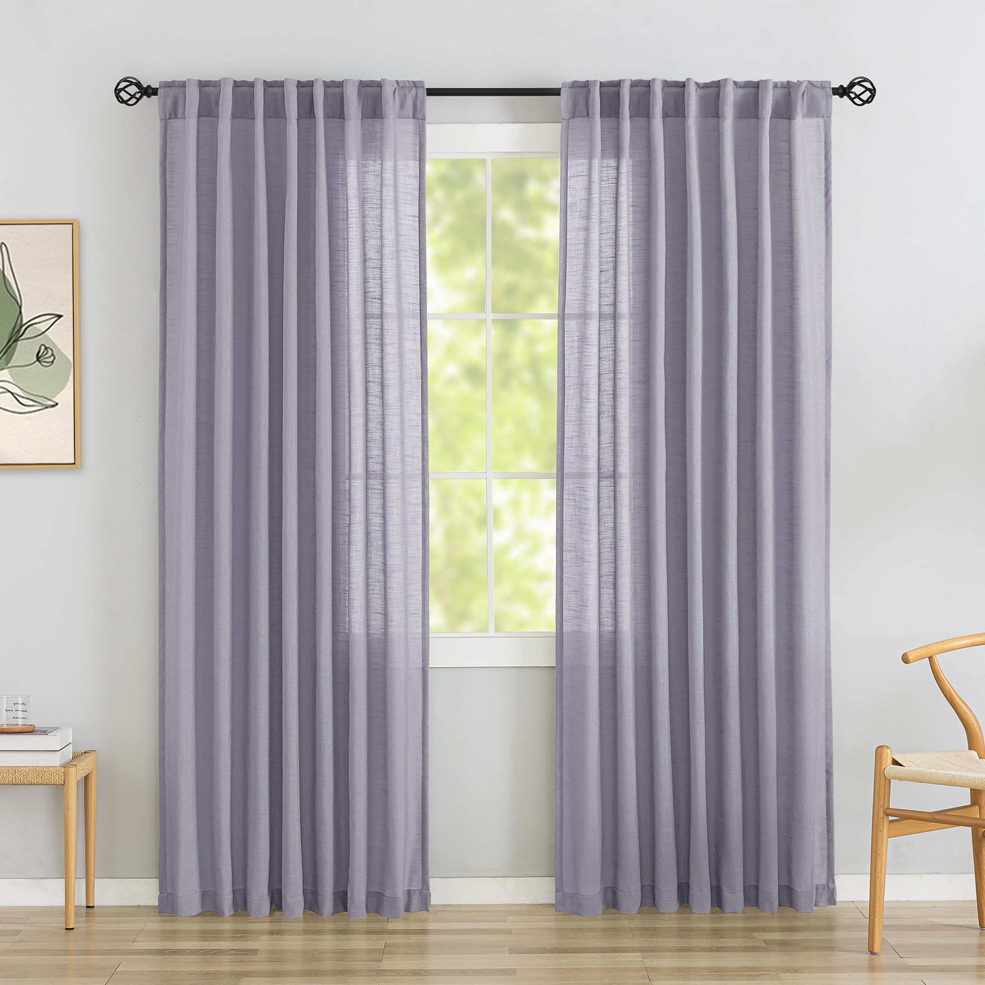 Lavender Light Purple Linen Back Tab Sheer Curtains 84 Inches Long 2 Panels Set For Bedroom - Modern Farmhouse Hooks Belt Pleated Semi Privacy Drapes Rod Pocket Light Filtering Window Curtains